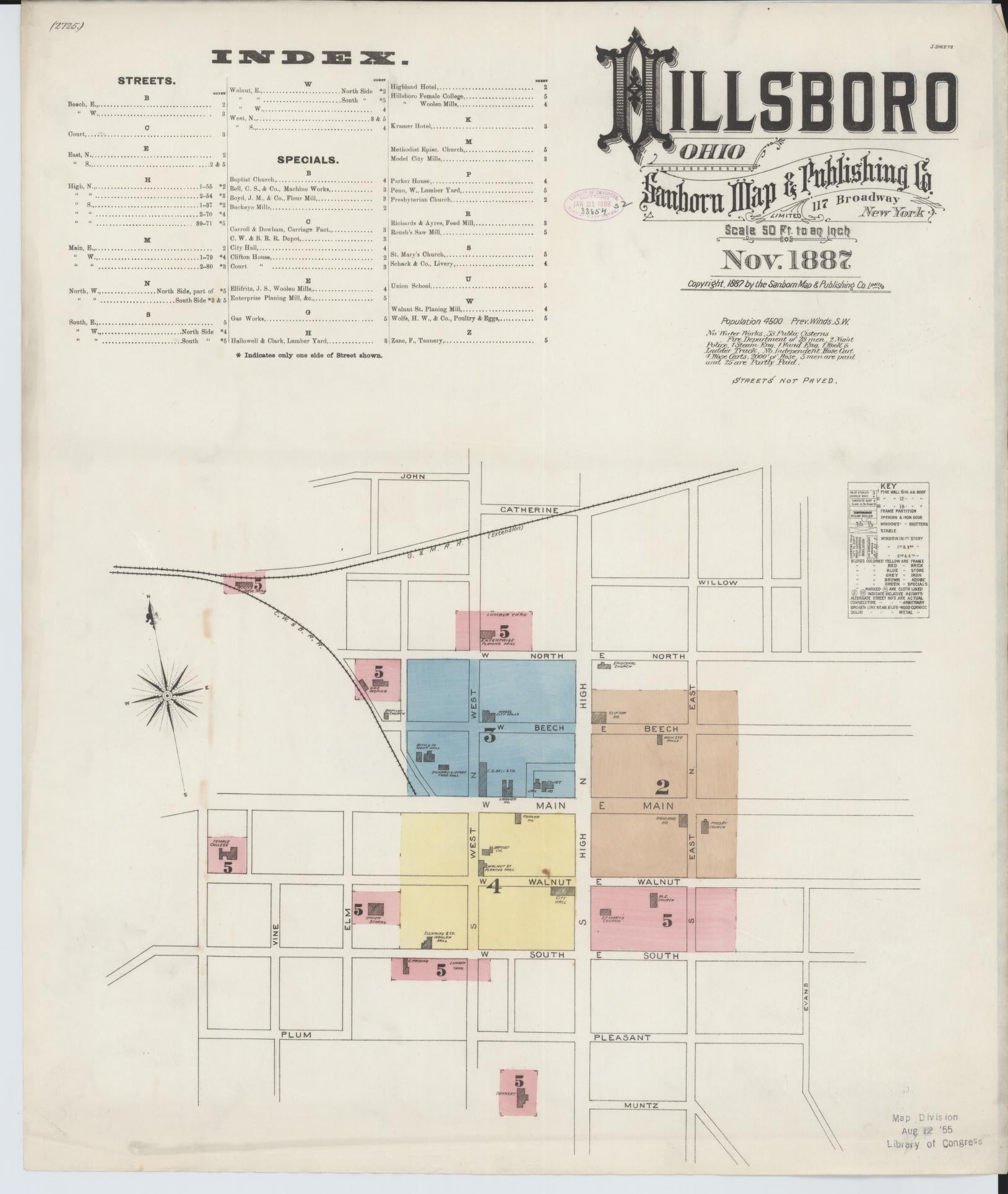 Sanborn Fire Insurance Map from Hillsboro, Highland County, Ohio (1887), Sheet #0001 - Historic Sanborn Fire Insurance Map Print, vintage old map wall art, antique decor, genealogy gift, Ohio Ohio map