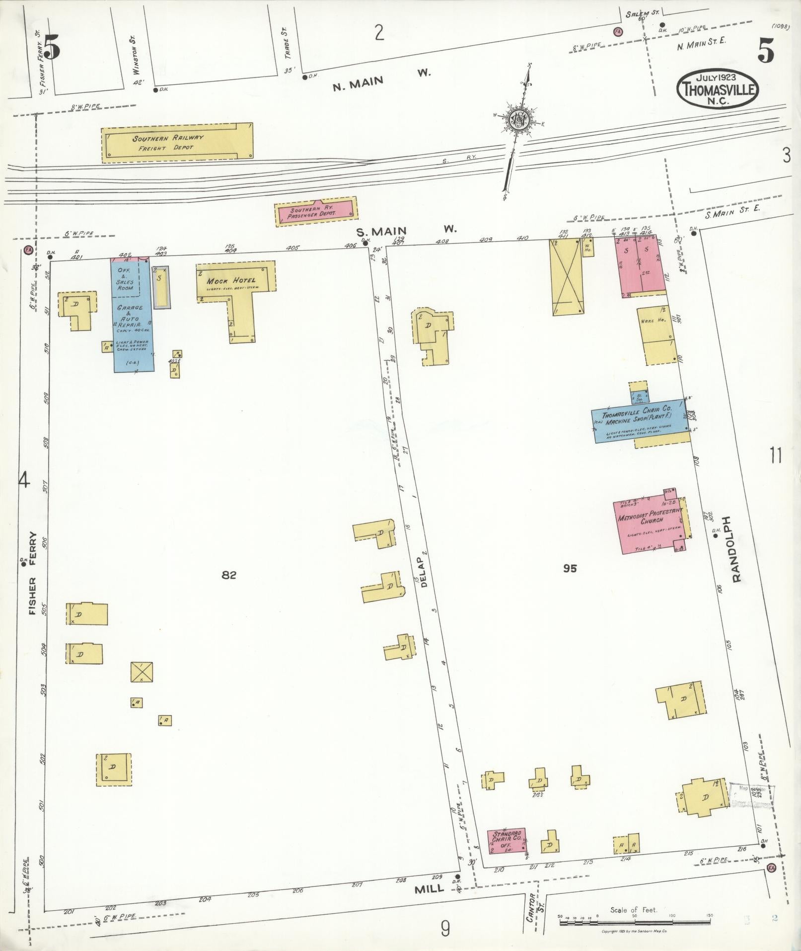Sanborn Fire Insurance Map from Thomasville, Davidson County, North Carolina (1923), Sheet #0005 - Historic Sanborn Fire Insurance Map Print, vintage old map wall art, antique decor, genealogy gift, North Carolina North Carolina map