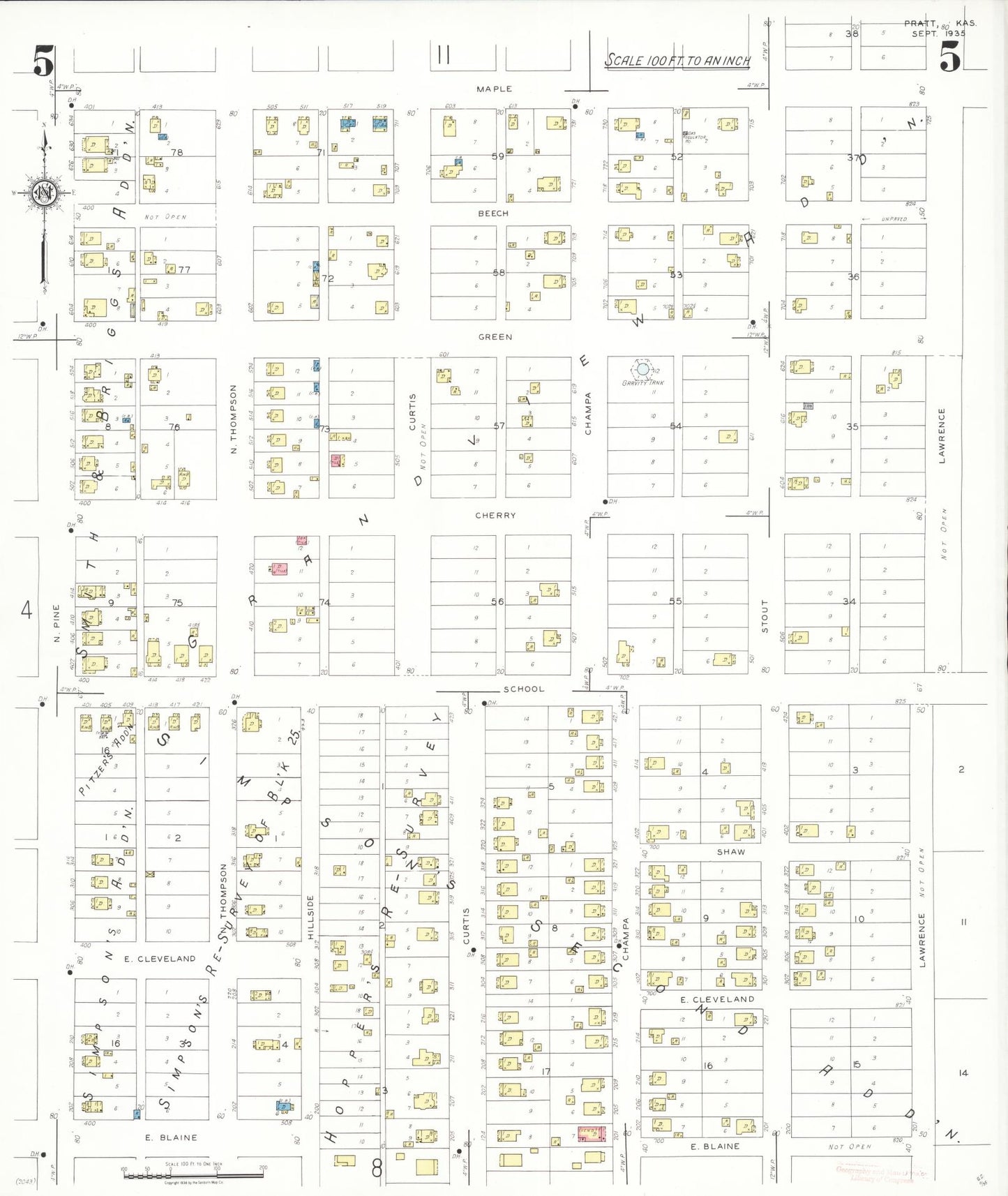 Sanborn Fire Insurance Map from Pratt, Pratt County, Kansas (1935), Sheet #0005 - Complete Map Set gallery image, historic Sanborn map, vintage wall art, Kansas Kansas