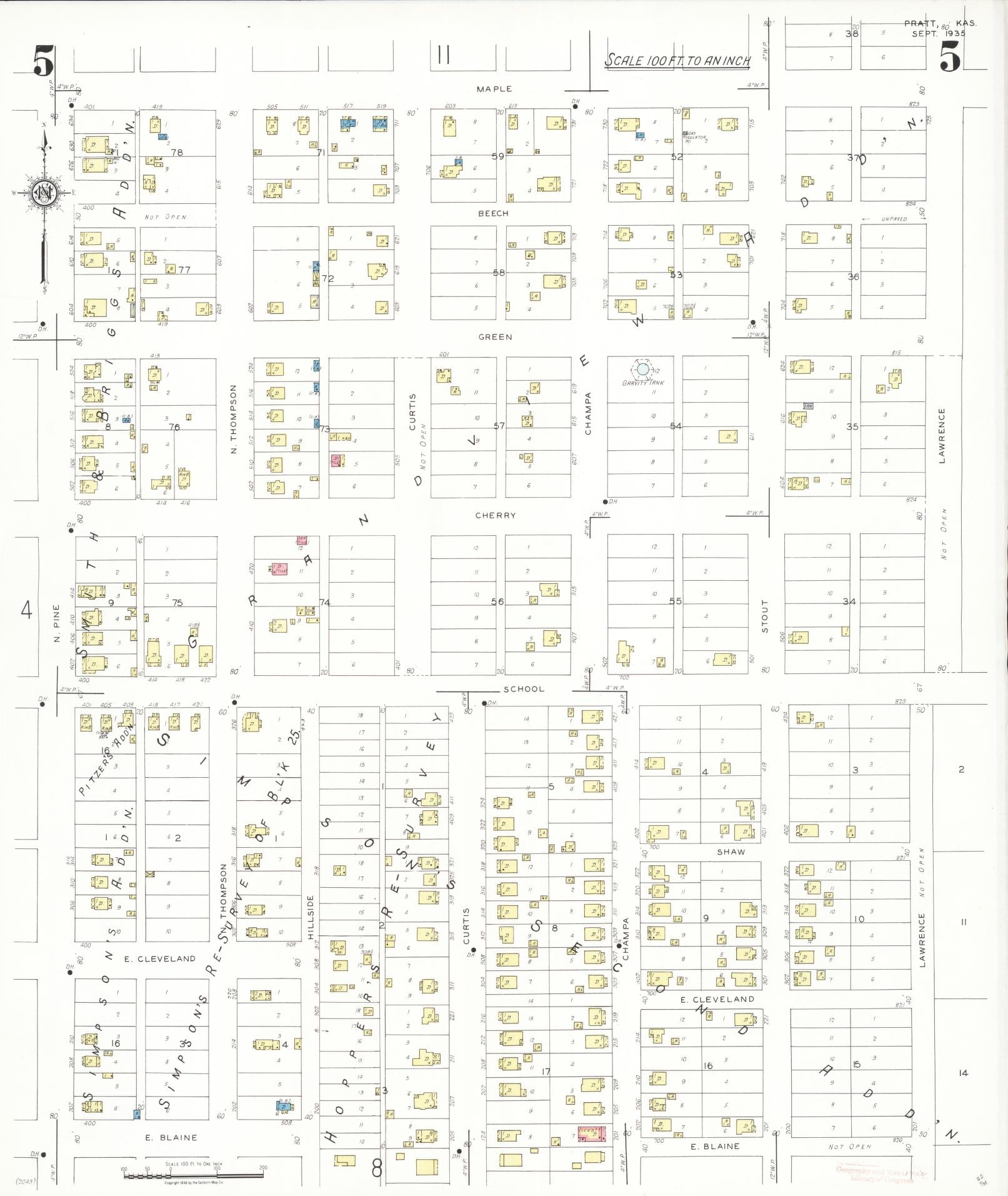 Sanborn Fire Insurance Map from Pratt, Pratt County, Kansas (1935), Sheet #0005 - Complete Map Set gallery image, historic Sanborn map, vintage wall art, Kansas Kansas