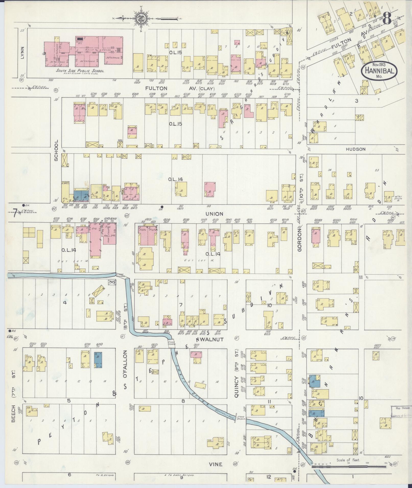 Sanborn Fire Insurance Map from Hannibal, Marion County, Missouri (1913), Sheet #0008 - Complete Map Set gallery image, historic Sanborn map, vintage wall art, Missouri Missouri
