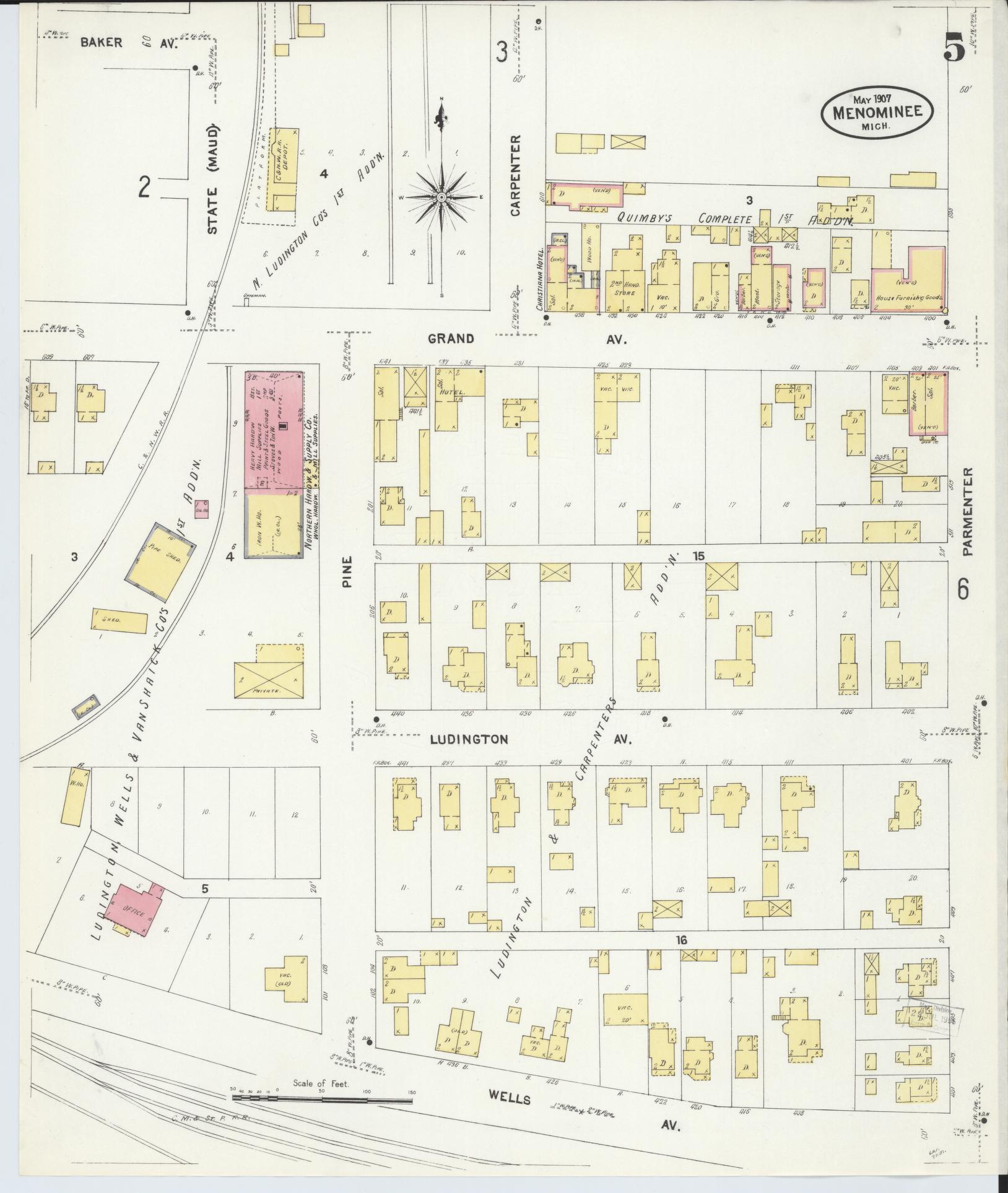 Sanborn Fire Insurance Map from Menominee, Menominee County, Michigan (1907), Sheet #0005 - Complete Map Set gallery image, historic Sanborn map, vintage wall art, Michigan Michigan