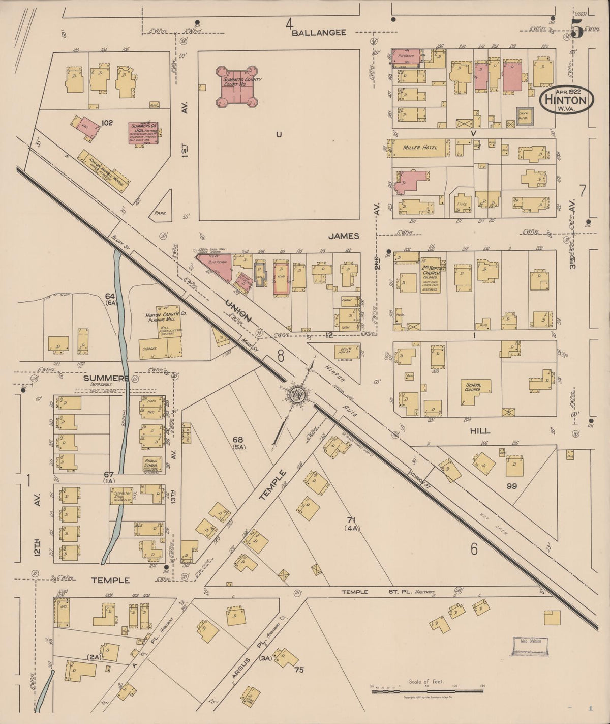 Sanborn Fire Insurance Map from Hinton, Summer County, West Virginia (1922), Sheet #0005 - Complete Map Set gallery image, historic Sanborn map, vintage wall art, West Virginia West Virginia