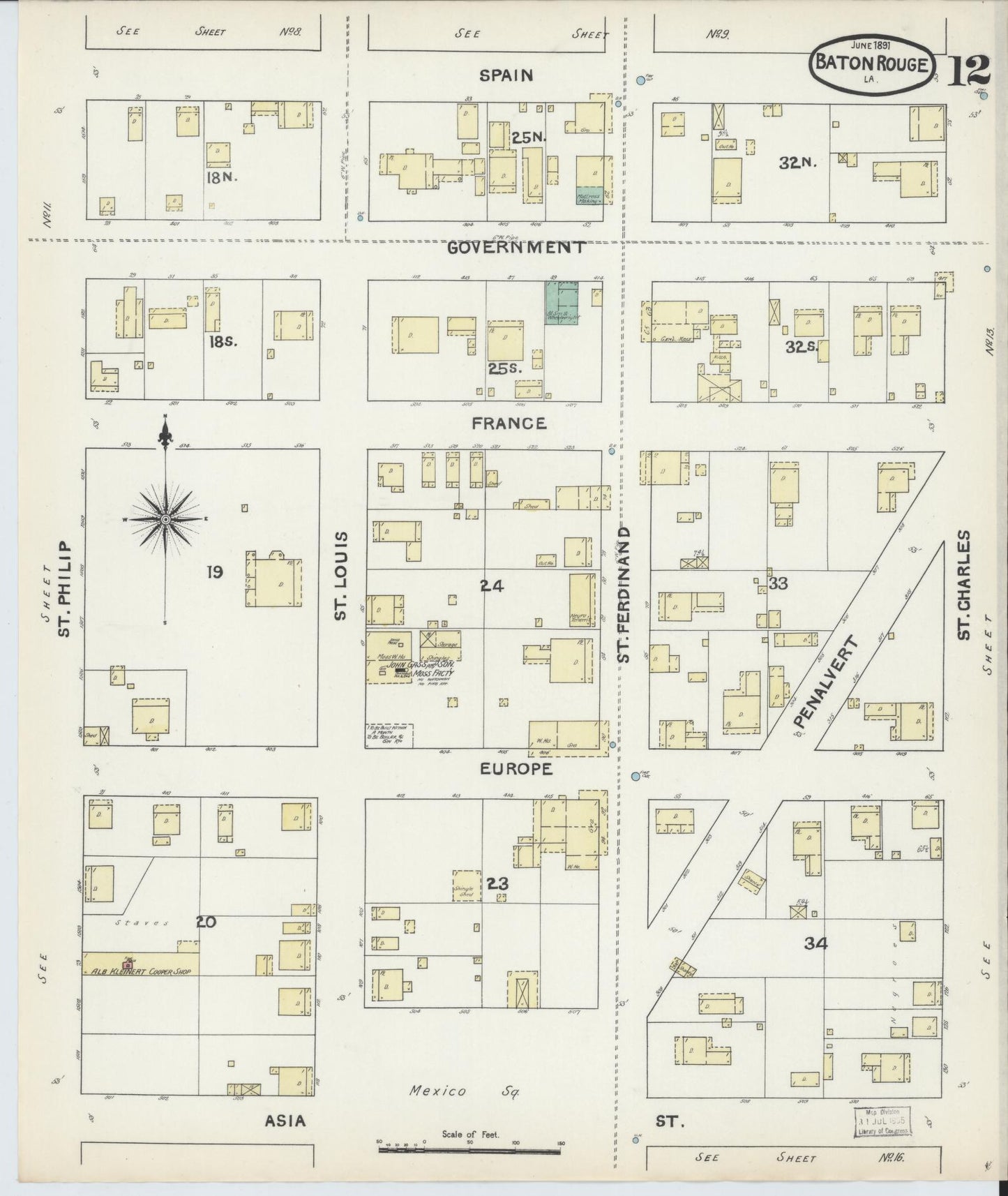 Sanborn Fire Insurance Map from Baton Rouge, East Baton Rouge Parish, Louisiana (1891), Sheet #0012 - Historic Sanborn Fire Insurance Map Print, vintage old map wall art, antique decor, genealogy gift, Louisiana Louisiana map