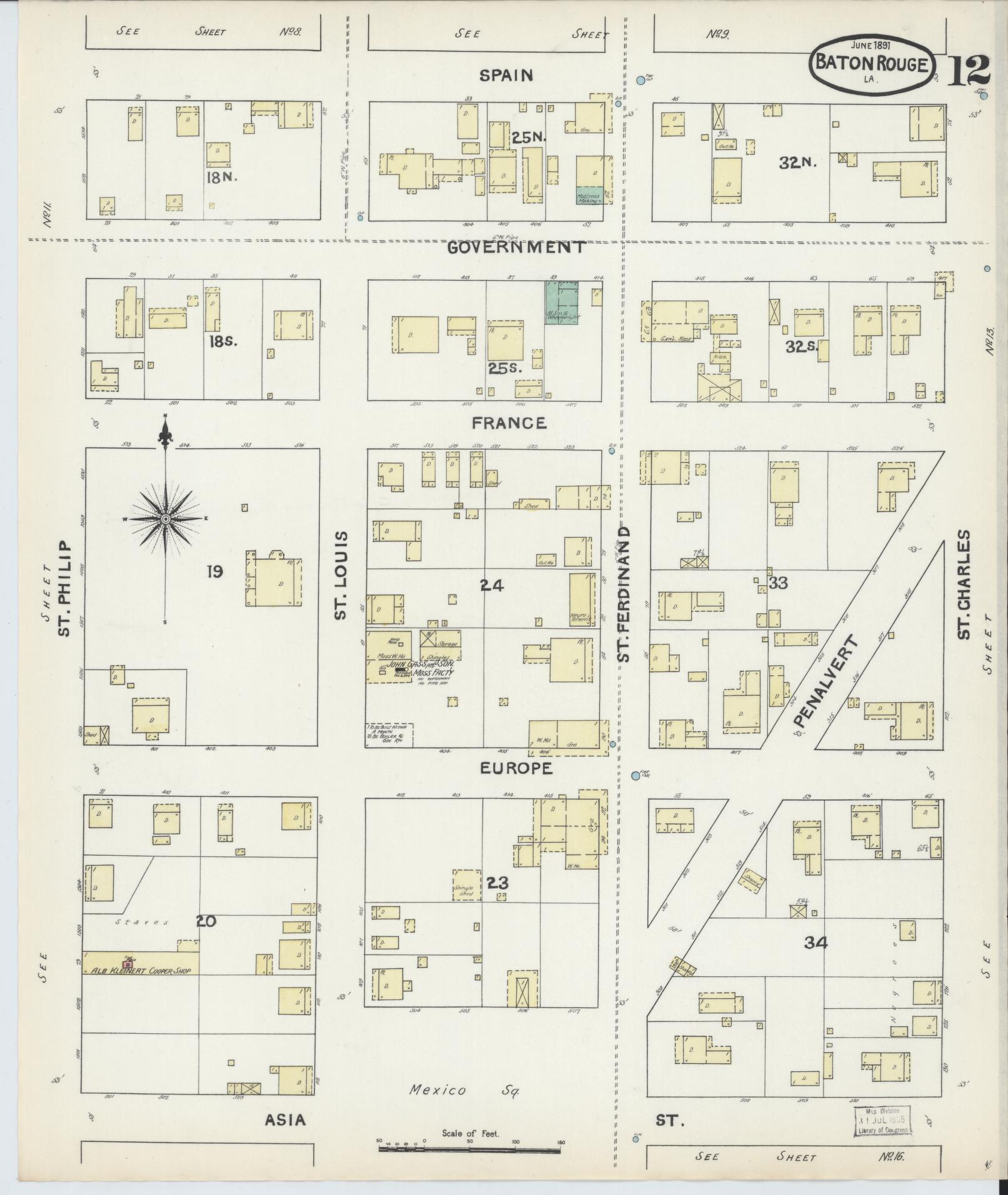 Sanborn Fire Insurance Map from Baton Rouge, East Baton Rouge Parish, Louisiana (1891), Sheet #0012 - Historic Sanborn Fire Insurance Map Print, vintage old map wall art, antique decor, genealogy gift, Louisiana Louisiana map