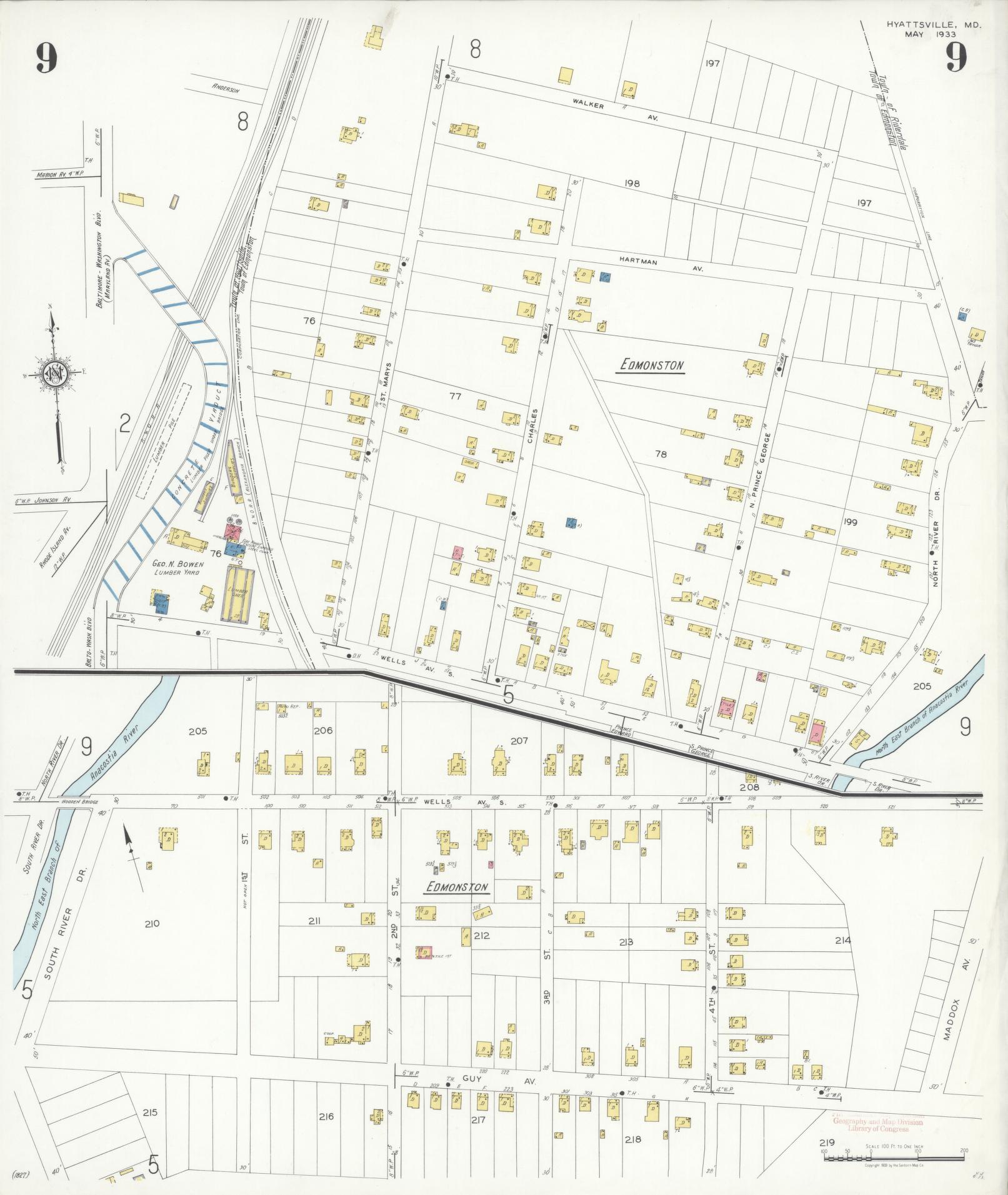 Sanborn Fire Insurance Map from Hyattsville, Prince Georges County, Maryland (1933), Sheet #0009 - Historic Sanborn Fire Insurance Map Print, vintage old map wall art
