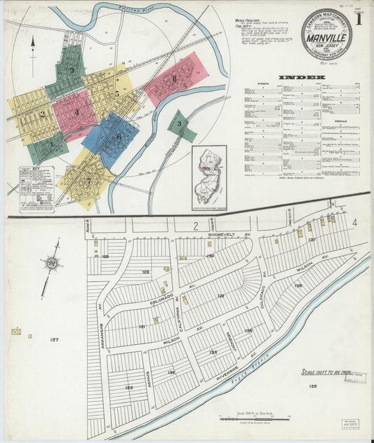 Sanborn Fire Insurance Map from Manville, Somerset County, New Jersey (1921), Sheet #0001 - Historic Sanborn Fire Insurance Map Print, vintage old map wall art, antique decor, genealogy gift, New Jersey New Jersey map