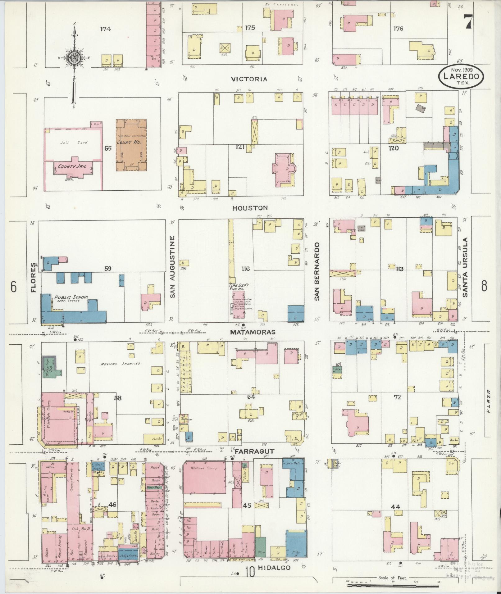 Sanborn Fire Insurance Map from Laredo, Webb County, Texas (1909), Sheet #0007 - Historic Sanborn Fire Insurance Map Print, vintage old map wall art, antique decor, genealogy gift, Texas Texas map