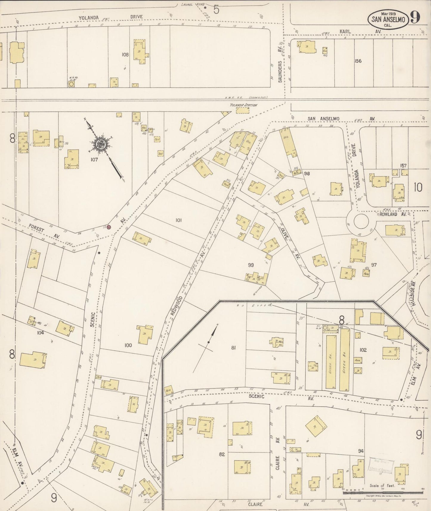 Sanborn Fire Insurance Map from San Anselmo, Marin County, California (1919), Sheet #0009 - Complete Map Set gallery image, historic Sanborn map, vintage wall art, California California