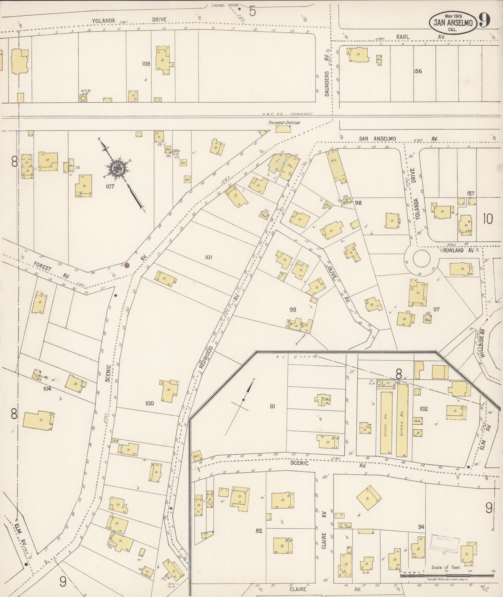 Sanborn Fire Insurance Map from San Anselmo, Marin County, California (1919), Sheet #0009 - Complete Map Set gallery image, historic Sanborn map, vintage wall art, California California