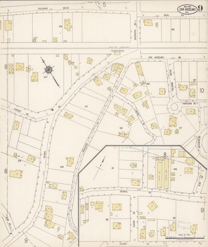 Sanborn Fire Insurance Map from San Anselmo, Marin County, California (1919), Sheet #0009 - Complete Map Set gallery image, historic Sanborn map, vintage wall art, California California