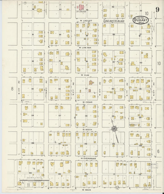 Sanborn Fire Insurance Map from Durant, Bryan County, Oklahoma (1918), Sheet #0009 - Historic Sanborn Fire Insurance Map Print, vintage old map wall art, antique decor, genealogy gift, Oklahoma Oklahoma map