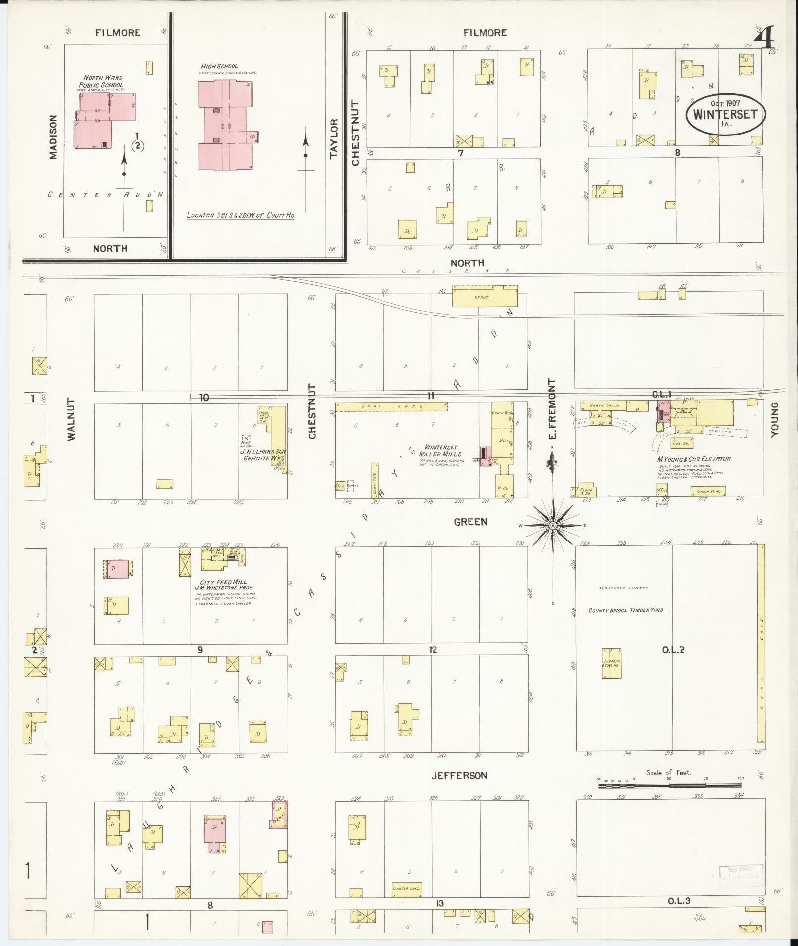 Sanborn Fire Insurance Map from Winterset, Madison County, Iowa (1907), Sheet #0004 - Historic Sanborn Fire Insurance Map Print, vintage old map wall art