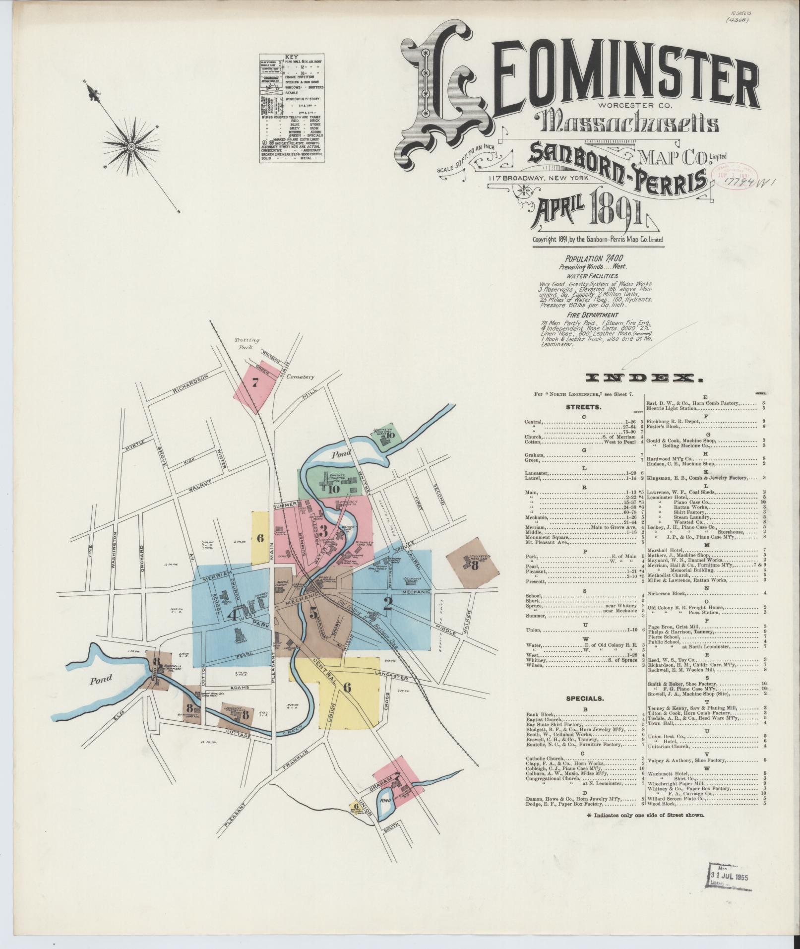 Sanborn Fire Insurance Map from Leominster, Worcester County, Massachusetts (1891), Sheet #0001 - Historic Sanborn Fire Insurance Map Print, vintage old map wall art, antique decor, genealogy gift, Massachusetts Massachusetts map