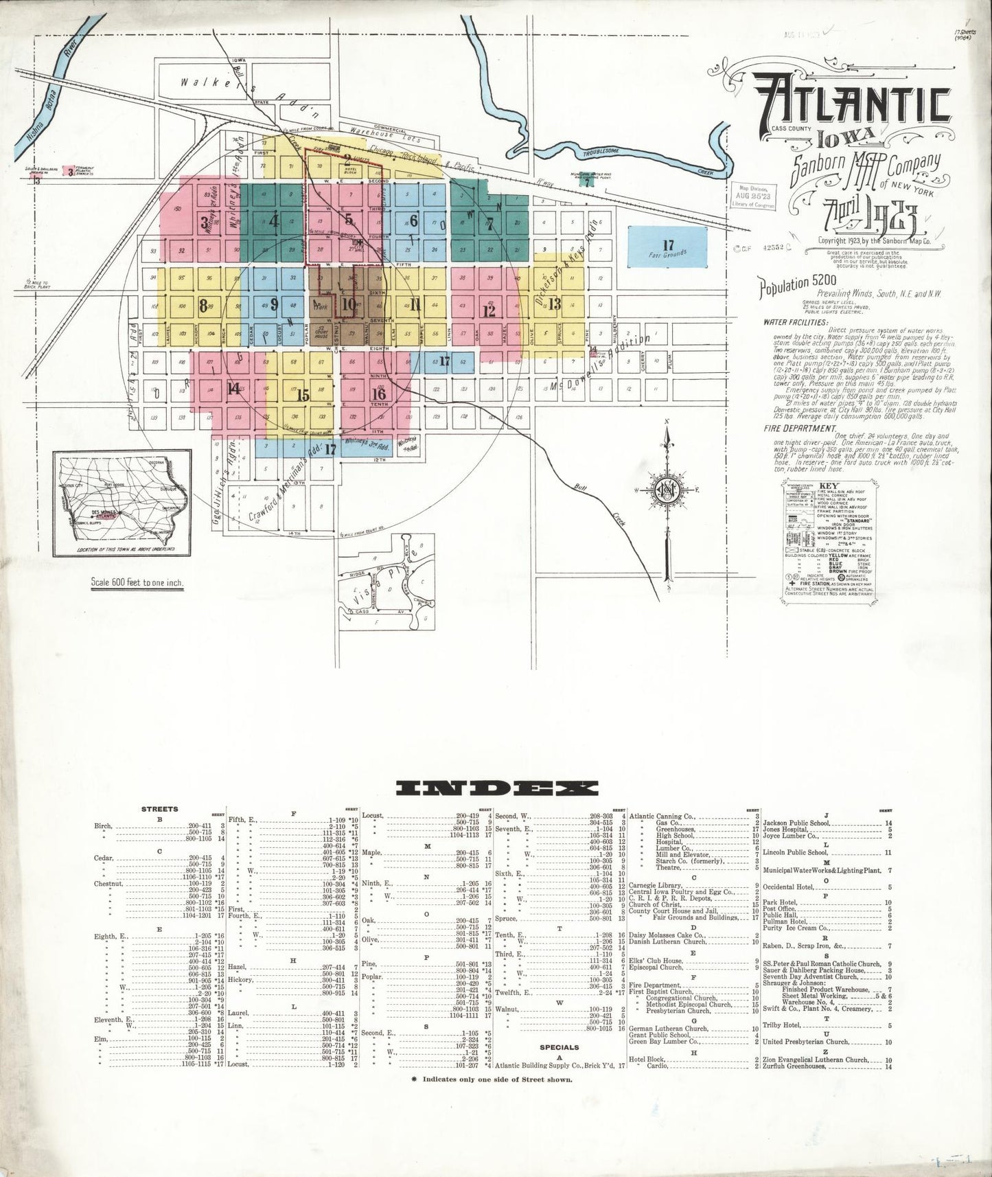 Sanborn Fire Insurance Map from Atlantic, Cass County, Iowa (1923), Sheet #0001 - Historic Sanborn Fire Insurance Map Print, vintage old map wall art