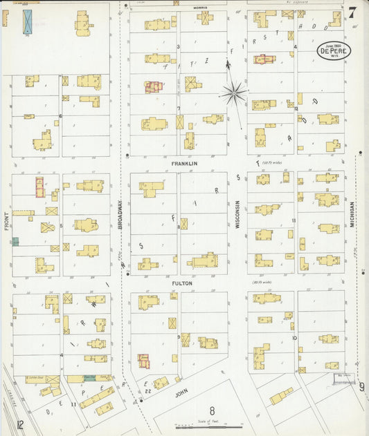Sanborn Fire Insurance Map from De Pere, Brown County, Wisconsin (1900), Sheet #0007 - Historic Sanborn Fire Insurance Map Print, vintage old map wall art, antique decor, genealogy gift, Wisconsin Wisconsin map