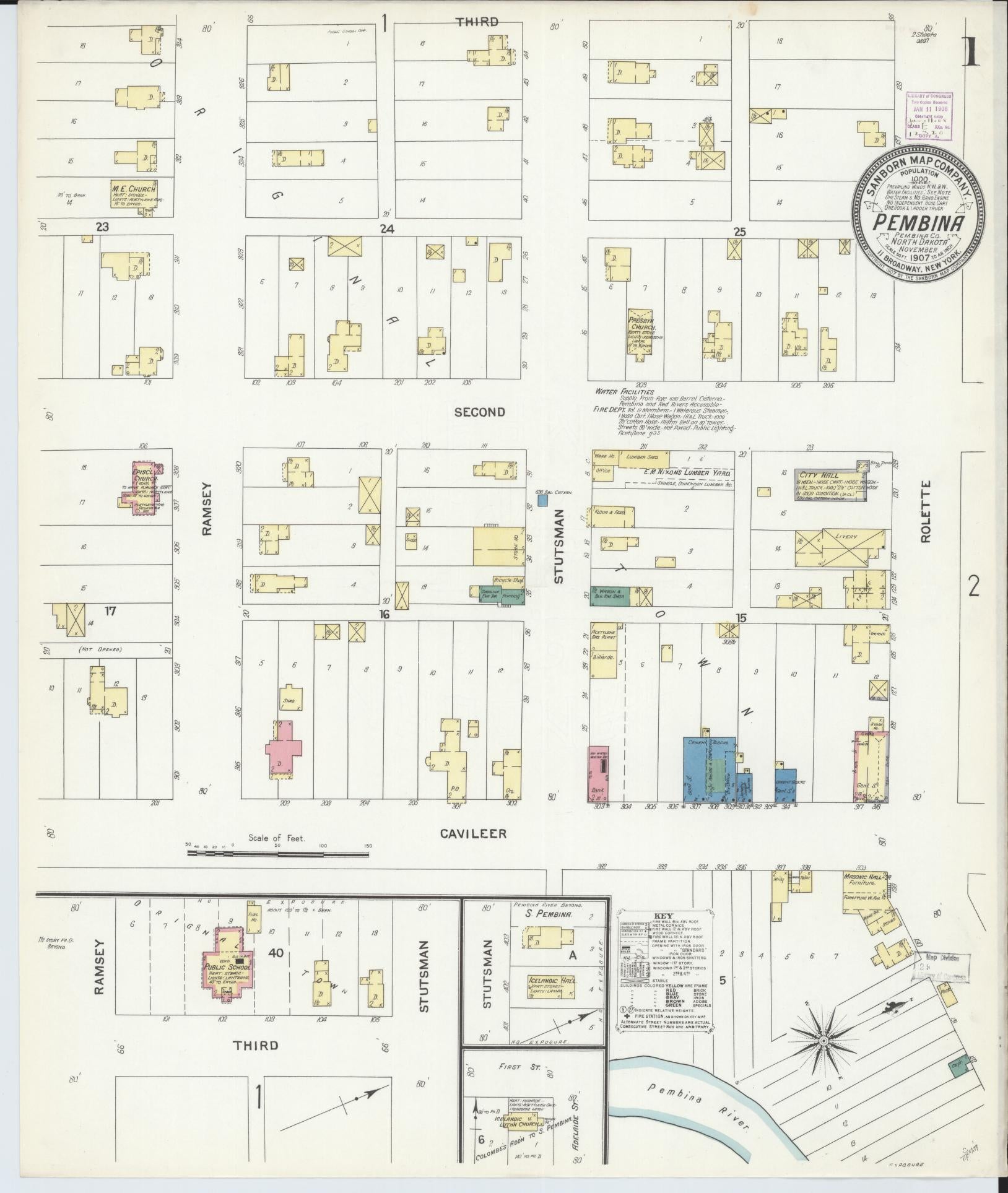 Sanborn Fire Insurance Map from Pembina, Pembina County, North Dakota (1907), Sheet #0001 - Historic Sanborn Fire Insurance Map Print, vintage old map wall art, antique decor, genealogy gift, North Dakota North Dakota map