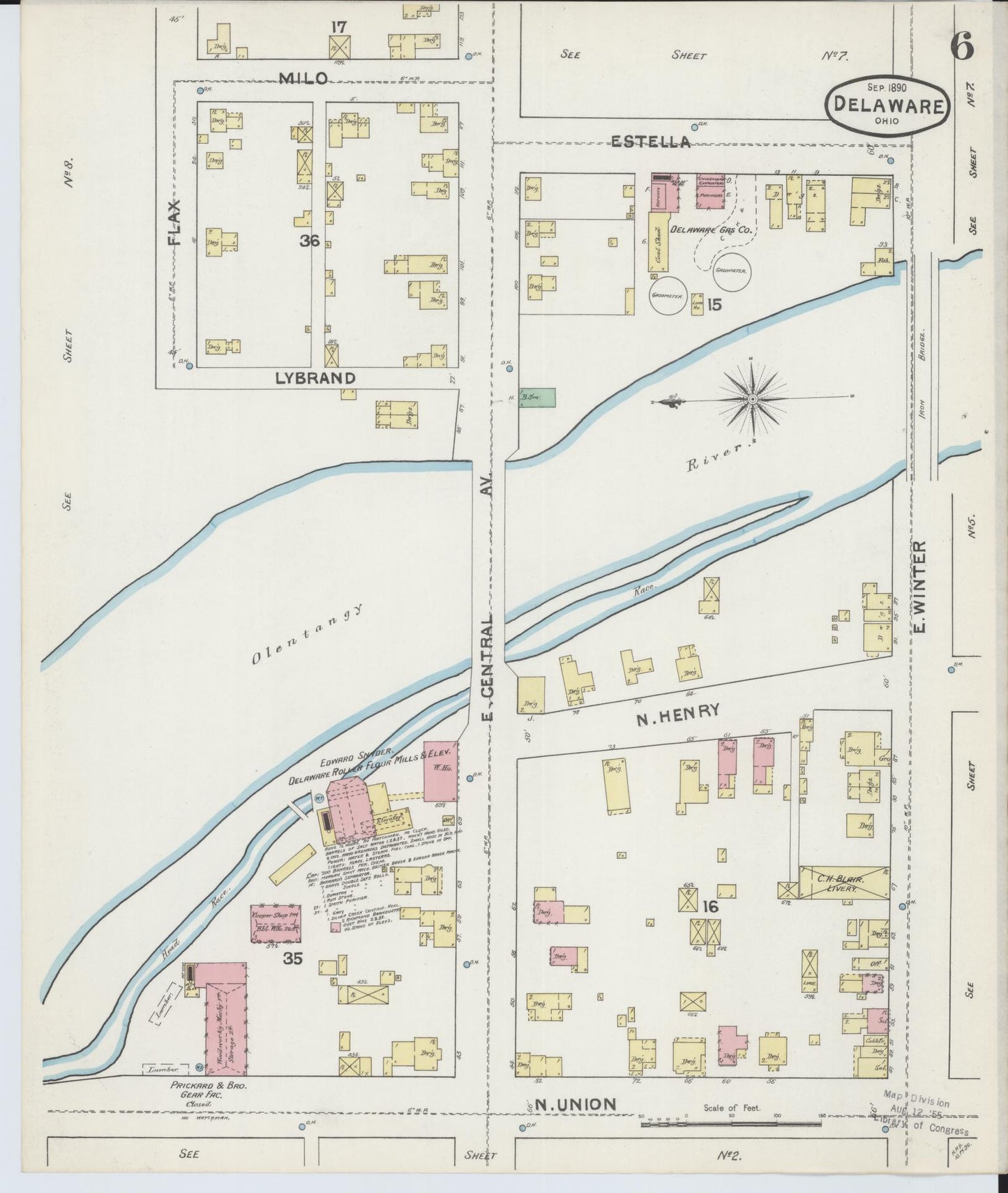 Sanborn Fire Insurance Map from Delaware, Delaware County, Ohio (1890), Sheet #0006 - Historic Sanborn Fire Insurance Map Print, vintage old map wall art, antique decor, genealogy gift, Ohio Ohio map