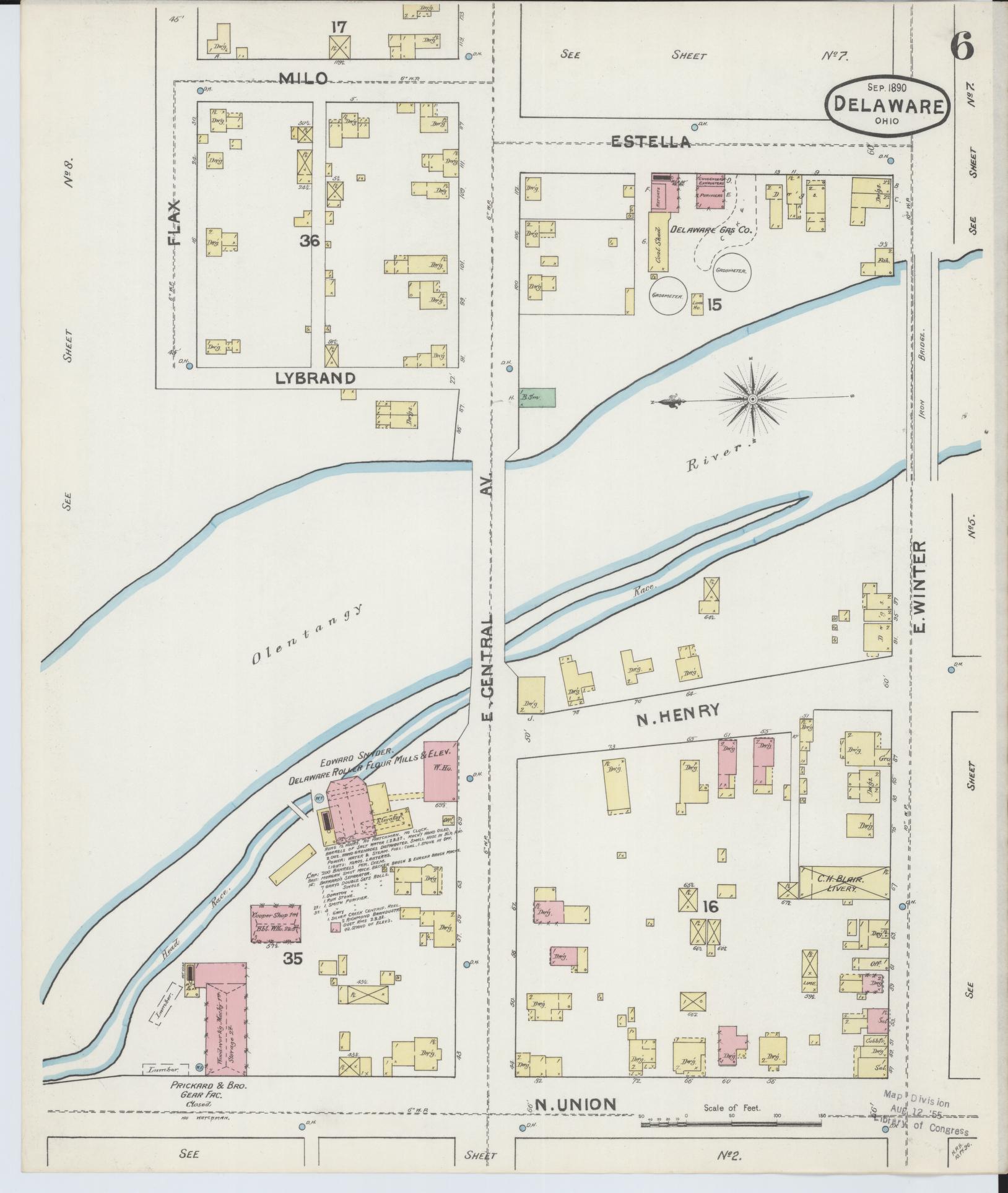 Sanborn Fire Insurance Map from Delaware, Delaware County, Ohio (1890), Sheet #0006 - Historic Sanborn Fire Insurance Map Print, vintage old map wall art, antique decor, genealogy gift, Ohio Ohio map