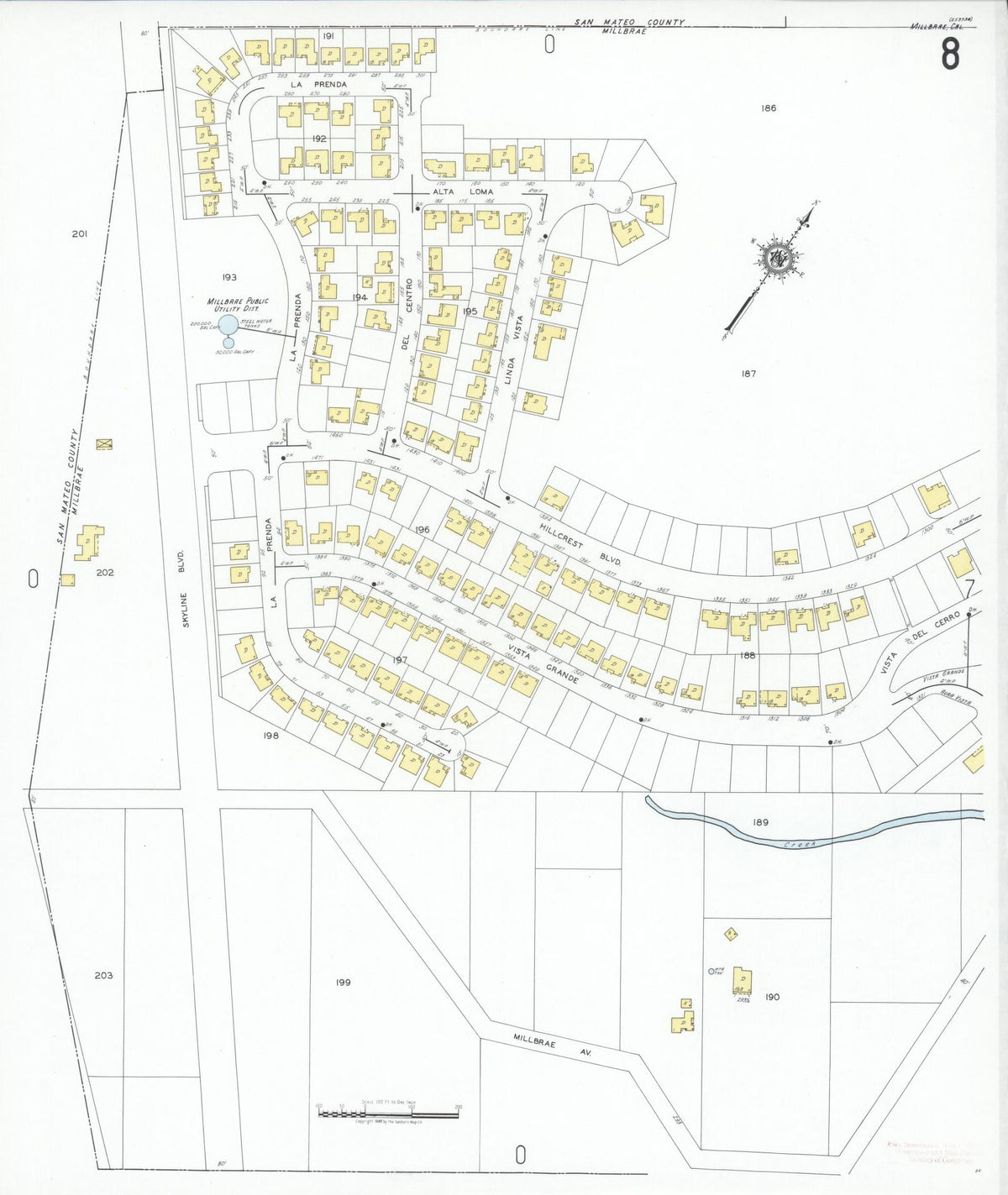 Sanborn Fire Insurance Map from Millbrae, San Mateo County, California (1949), Sheet #0008 - Complete Map Set gallery image, historic Sanborn map, vintage wall art, California California