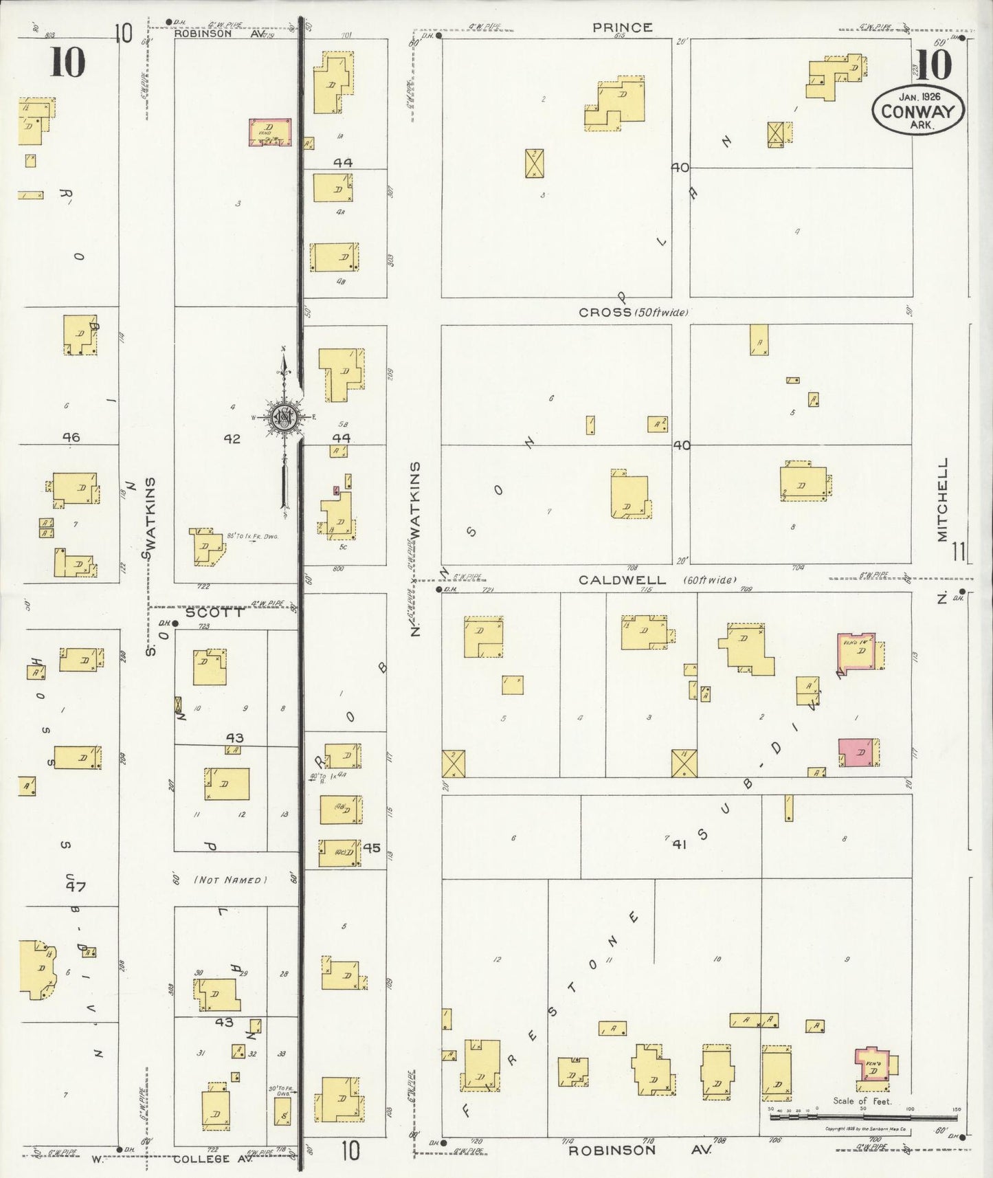 Sanborn Fire Insurance Map from Conway, Faulkner County, Arkansas (1926), Sheet #0010 - Complete Map Set gallery image, historic Sanborn map, vintage wall art, Arkansas Arkansas
