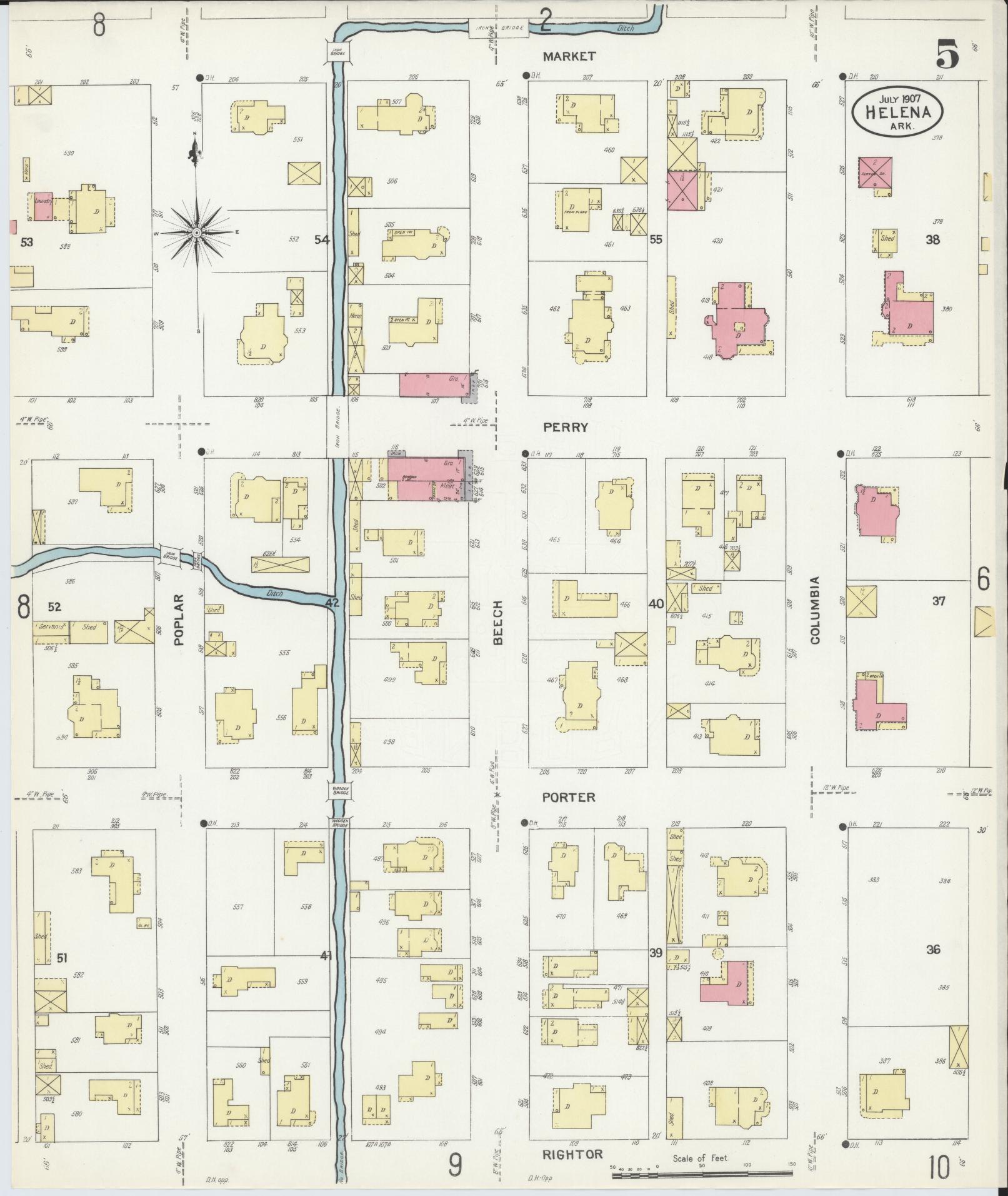 Sanborn Fire Insurance Map from Helena, Phillips County, Arkansas (1907), Sheet #0005 - Complete Map Set gallery image, historic Sanborn map, vintage wall art, Arkansas Arkansas