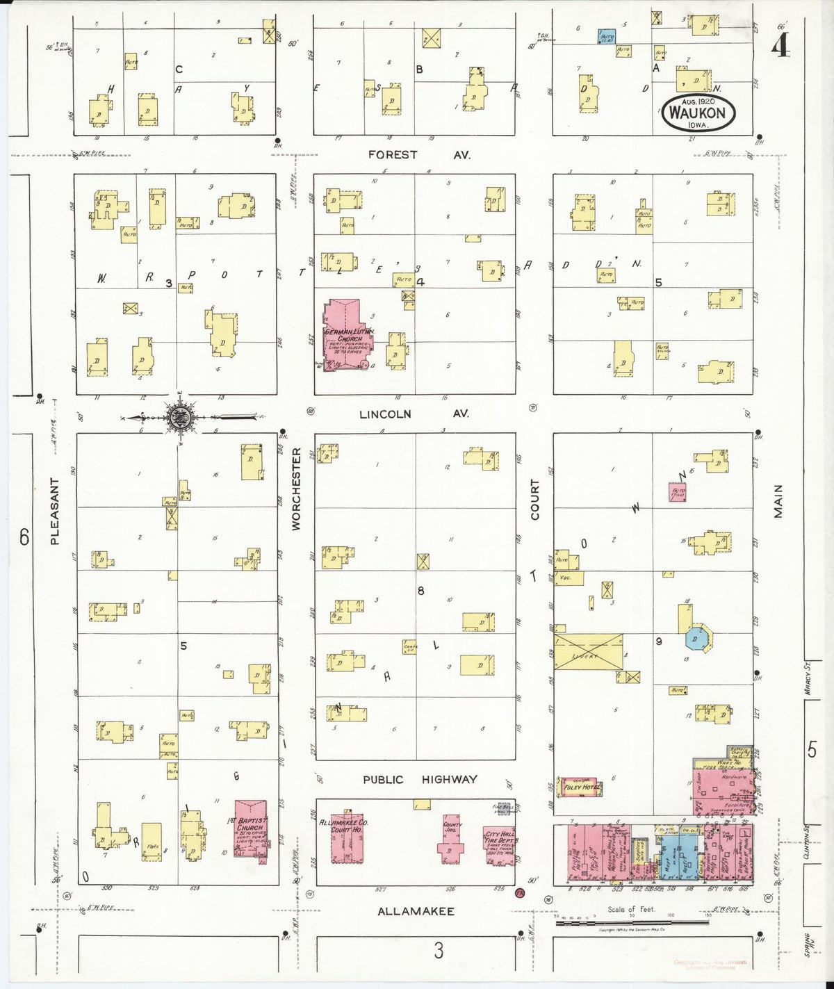 Sanborn Fire Insurance Map from Waukon, Allamakee County, Iowa (1920), Sheet #0004 - Historic Sanborn Fire Insurance Map Print, vintage old map wall art