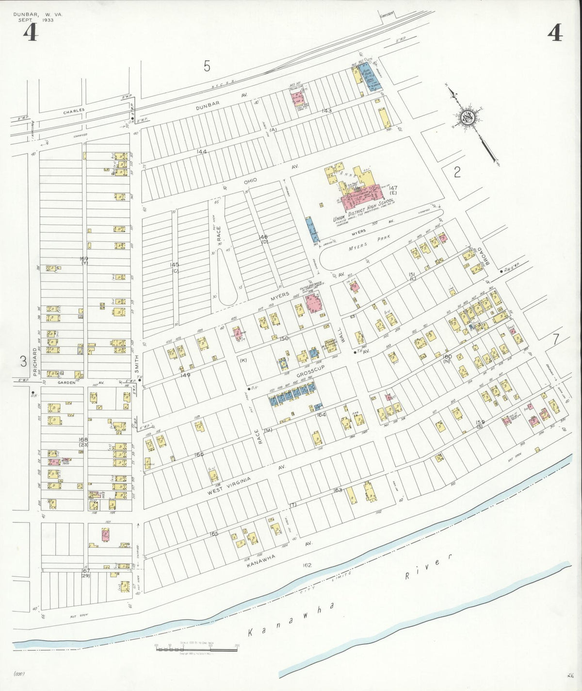 Sanborn Fire Insurance Map from Dunbar, Kanawha County, West Virginia (1933), Sheet #0004 - Complete Map Set gallery image, historic Sanborn map, vintage wall art, West Virginia West Virginia