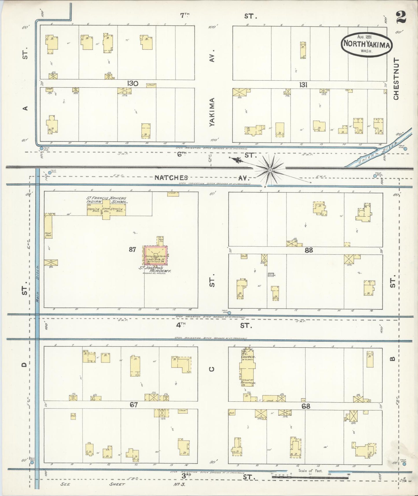 Sanborn Fire Insurance Map from North Yakima, Yakima County, Washington (1891), Sheet #0002 - Complete Map Set gallery image, historic Sanborn map, vintage wall art, Washington Washington