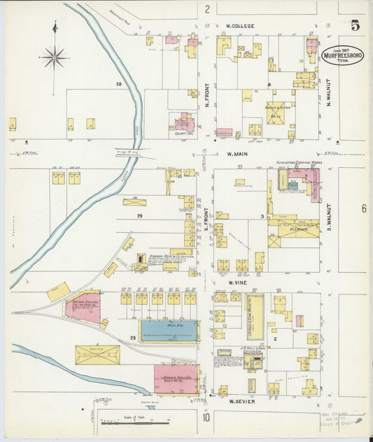 Sanborn Fire Insurance Map from Murfreesboro, Rutherford County, Tennessee (1907), Sheet #0005 - Historic Sanborn Fire Insurance Map Print, vintage old map wall art, antique decor, genealogy gift, Tennessee Tennessee map