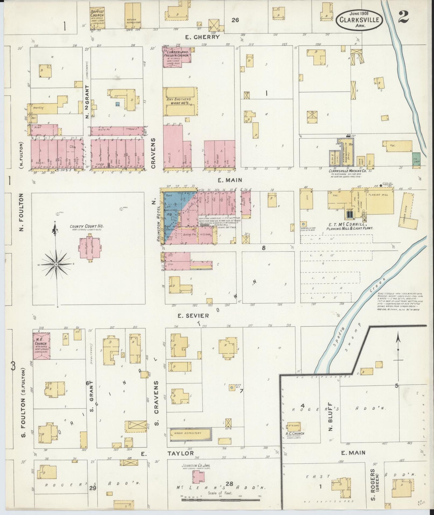 Sanborn Fire Insurance Map from Clarksville, Johnson County, Arkansas (1908), Sheet #0002 - Complete Map Set gallery image, historic Sanborn map, vintage wall art, Arkansas Arkansas