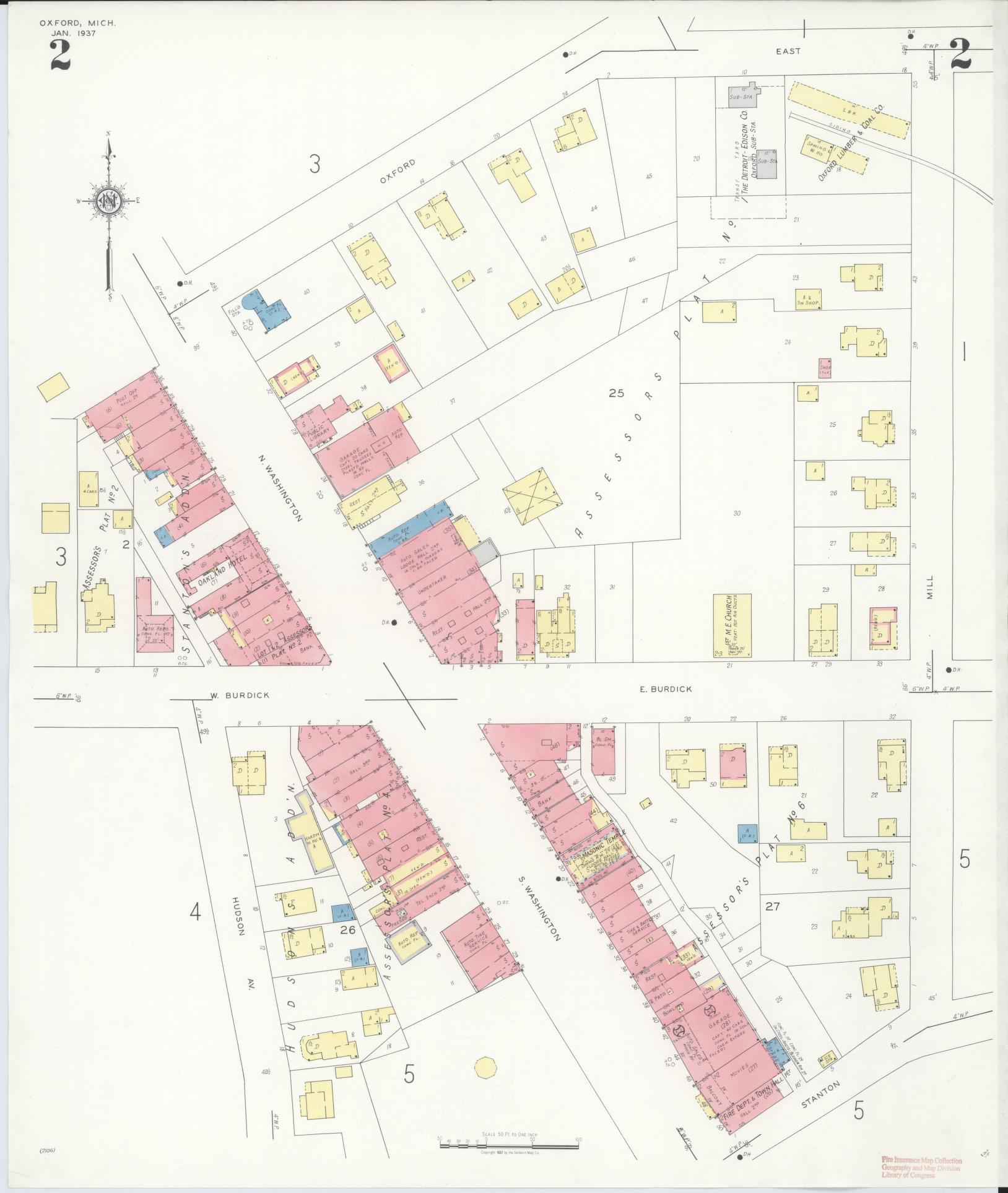 Sanborn Fire Insurance Map from Oxford, Oakland County, Michigan (1937), Sheet #0002 - Complete Map Set gallery image, historic Sanborn map, vintage wall art, Michigan Michigan