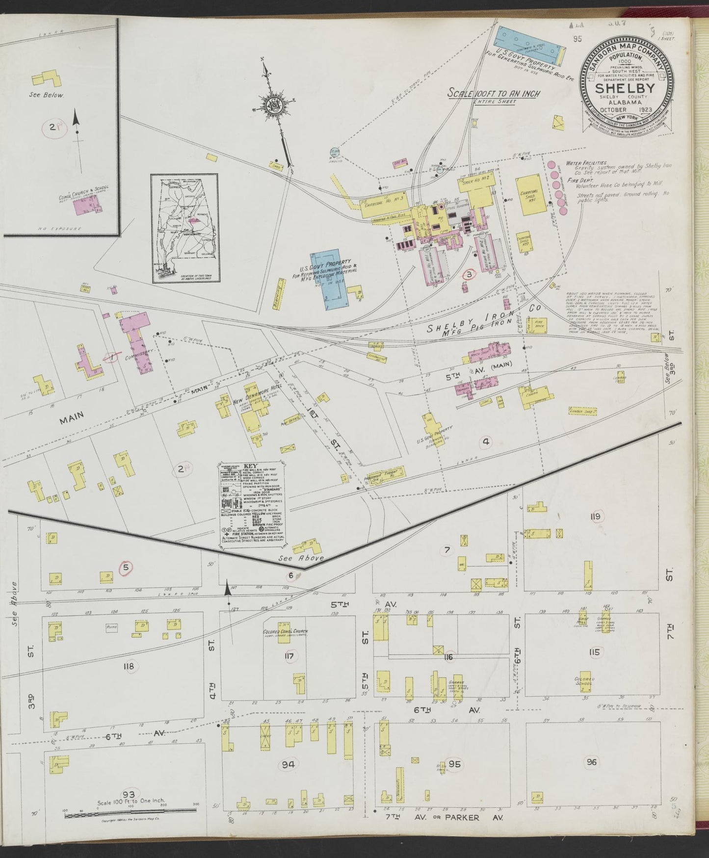 Sanborn Fire Insurance Map from Shelby, Shelby County, Alabama (1923), Sheet #0001 - Historic Sanborn Fire Insurance Map Print, vintage old map wall art, antique decor, genealogy gift, Alabama Alabama map