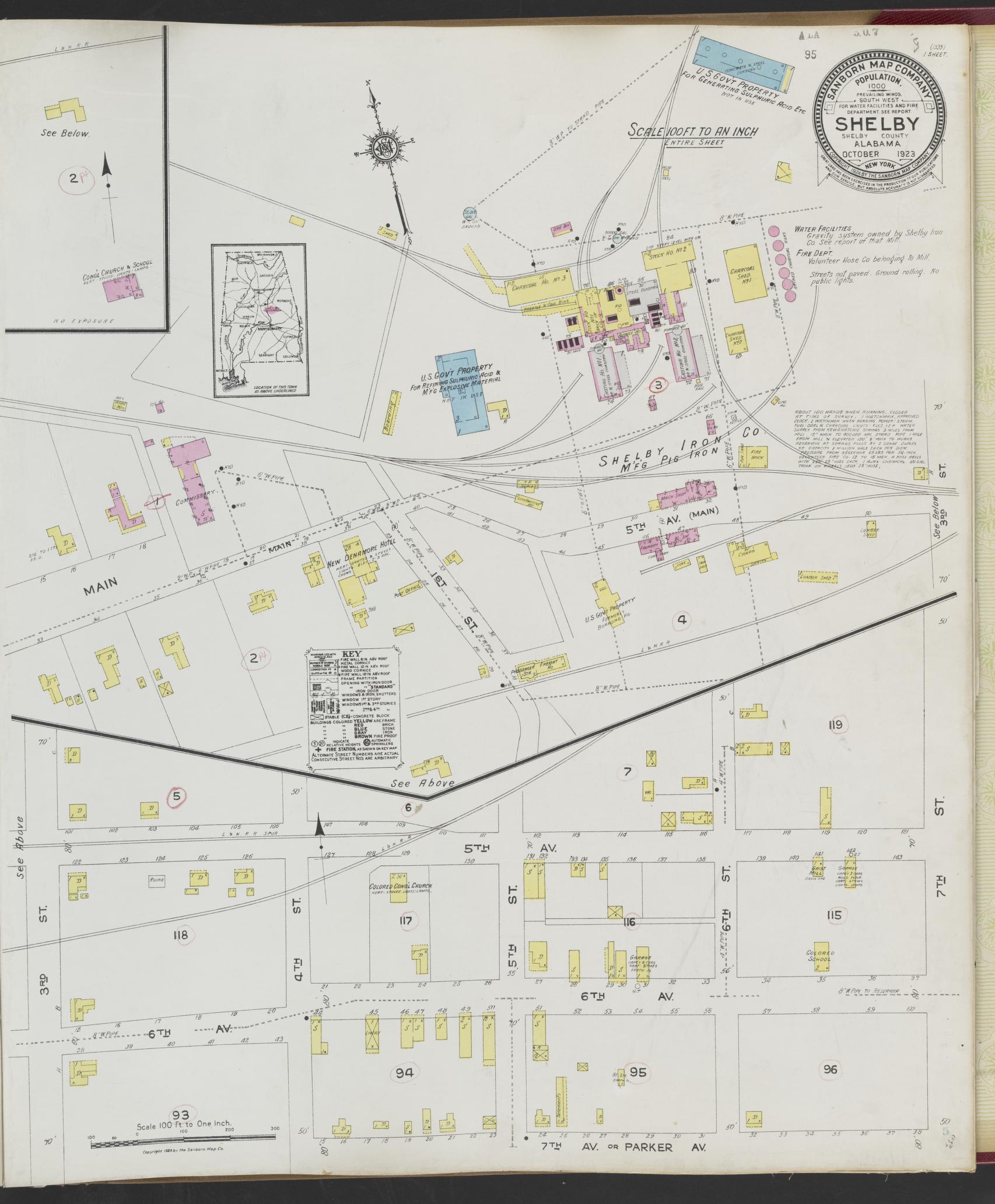 Sanborn Fire Insurance Map from Shelby, Shelby County, Alabama (1923), Sheet #0001 - Historic Sanborn Fire Insurance Map Print, vintage old map wall art, antique decor, genealogy gift, Alabama Alabama map