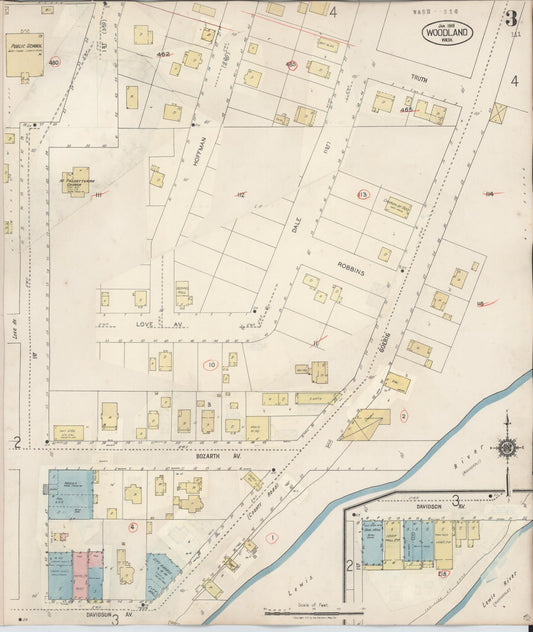 Sanborn Fire Insurance Map from Woodland, Cowlitz County, Washington (1943), Sheet #0003 - Historic Sanborn Fire Insurance Map Print, vintage old map wall art, antique decor, genealogy gift, Washington Washington map