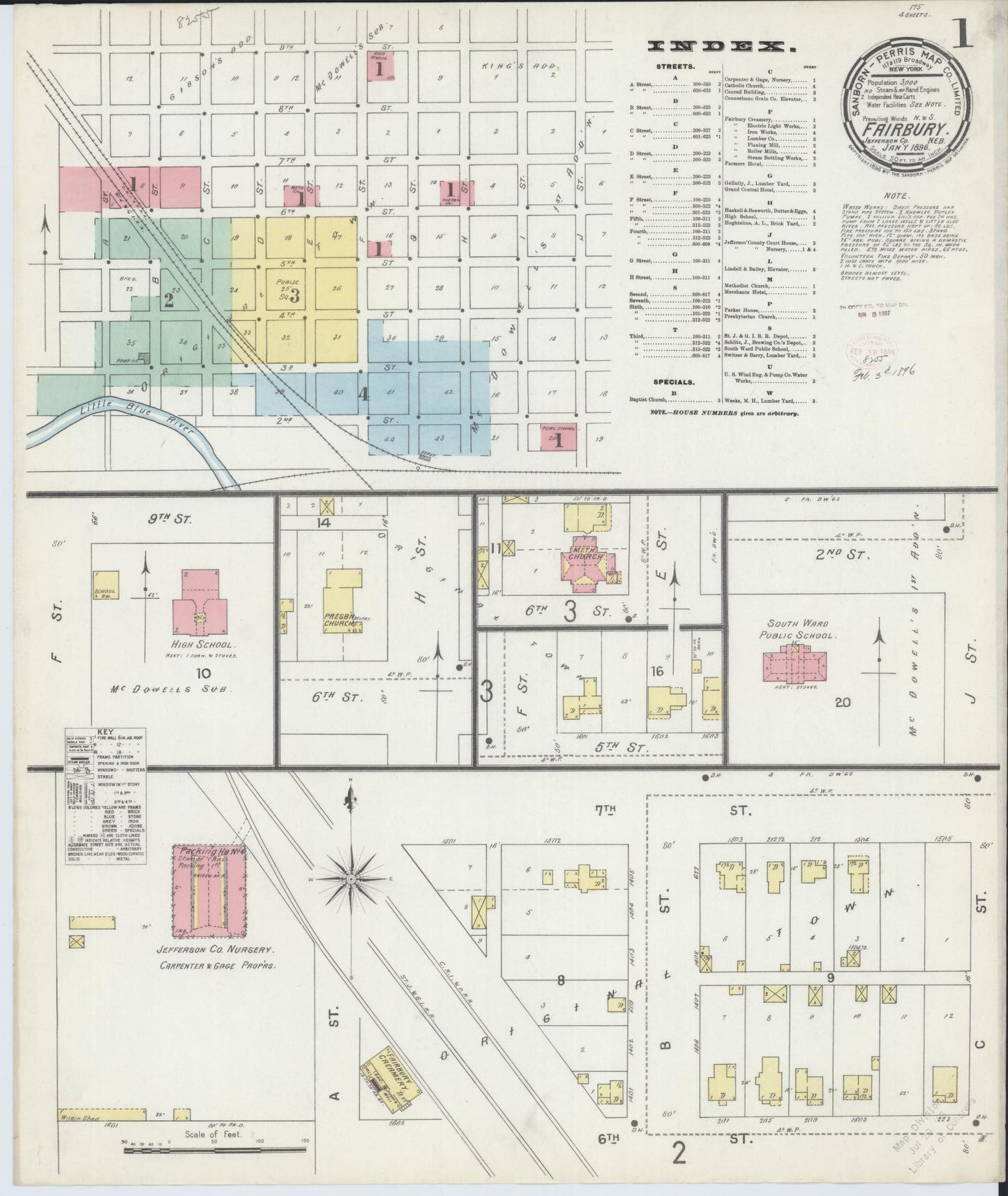 Sanborn Fire Insurance Map from Fairbury, Jefferson County, Nebraska (1896), Sheet #0001 - Complete Map Set gallery image, historic Sanborn map, vintage wall art, Nebraska Nebraska