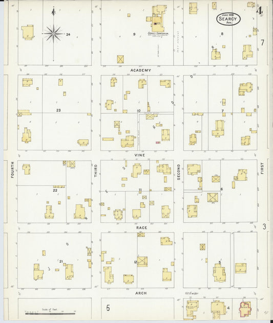 Sanborn Fire Insurance Map from Searcy, White County, Arkansas (1908), Sheet #0004 - Historic Sanborn Fire Insurance Map Print, vintage old map wall art, antique decor, genealogy gift, Arkansas Arkansas map