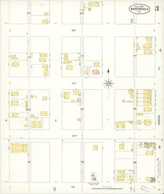 Sanborn Fire Insurance Map from Bakersfield, Kern County, California (1905), Sheet #0003 - Historic Sanborn Fire Insurance Map Print, vintage old map wall art, antique decor, genealogy gift, California California map