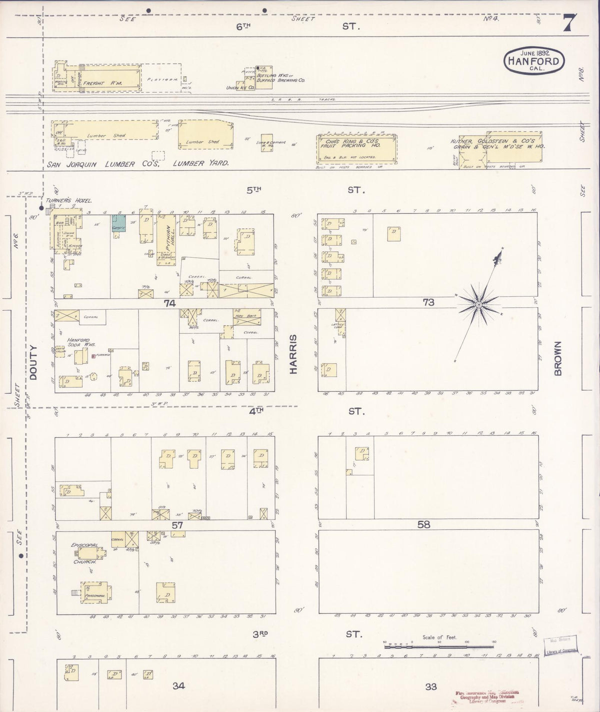 Sanborn Fire Insurance Map from Hanford, Kings County, California (1892), Sheet #0007 - Complete Map Set gallery image, historic Sanborn map, vintage wall art, California California