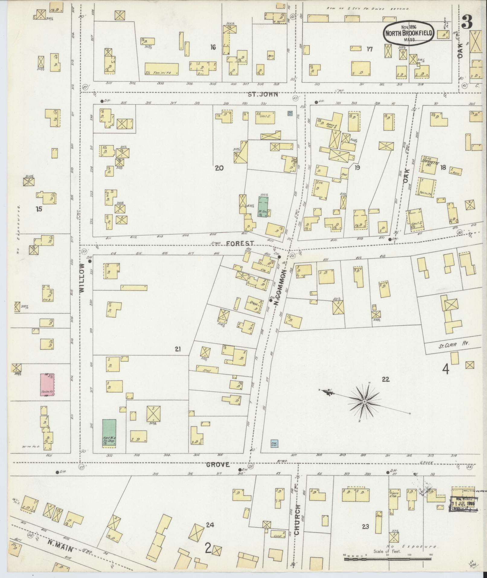 Sanborn Fire Insurance Map from North Brookfield, Worcester County, Massachusetts (1896), Sheet #0003 - Historic Sanborn Fire Insurance Map Print, vintage old map wall art, antique decor, genealogy gift, Massachusetts Massachusetts map