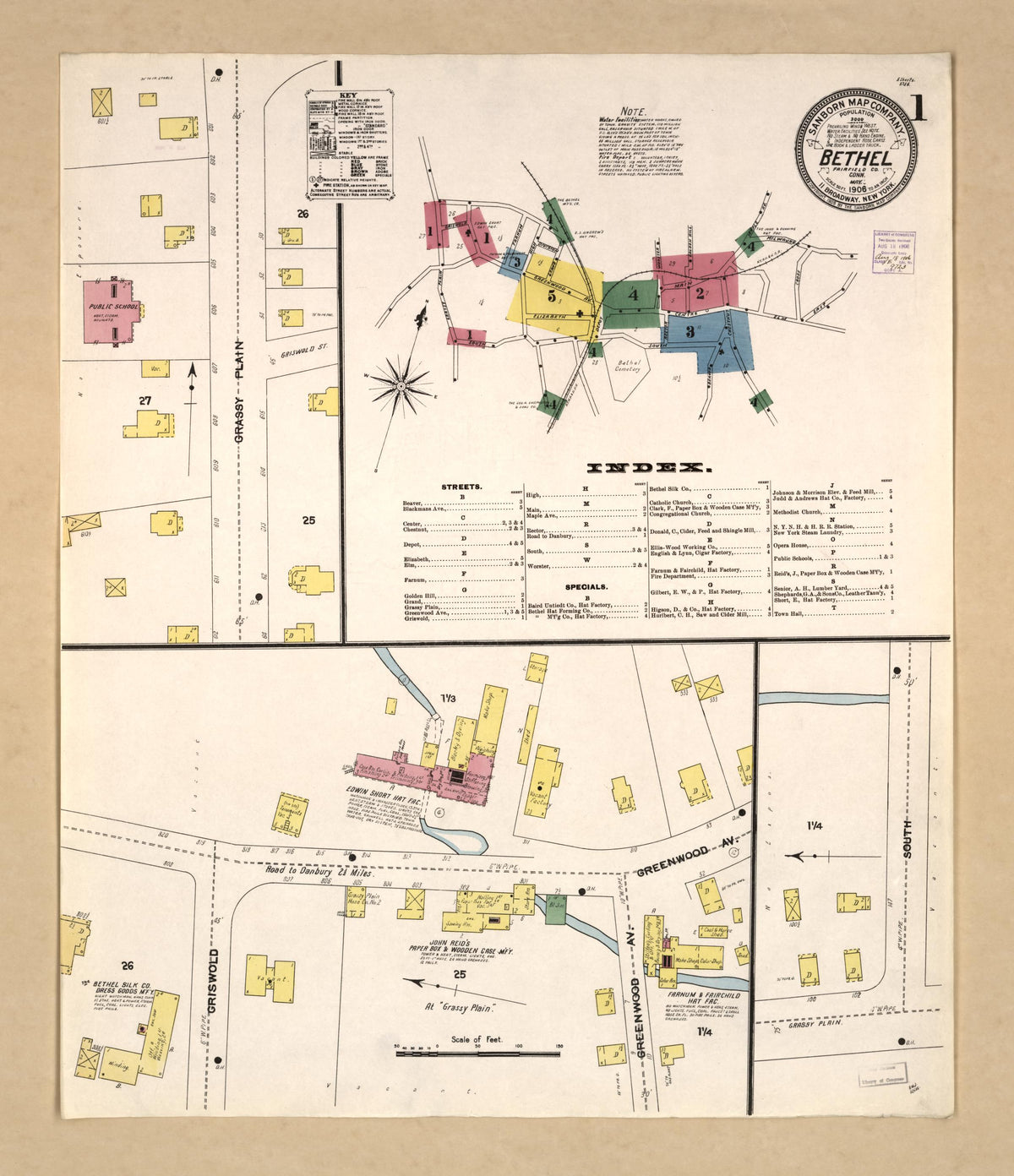 Sanborn Fire Insurance Map from Bethel, Fairfield County, Connecticut (1906), Sheet #0001 - Historic Sanborn Fire Insurance Map Print, vintage old map wall art, antique decor, genealogy gift, Connecticut Connecticut map
