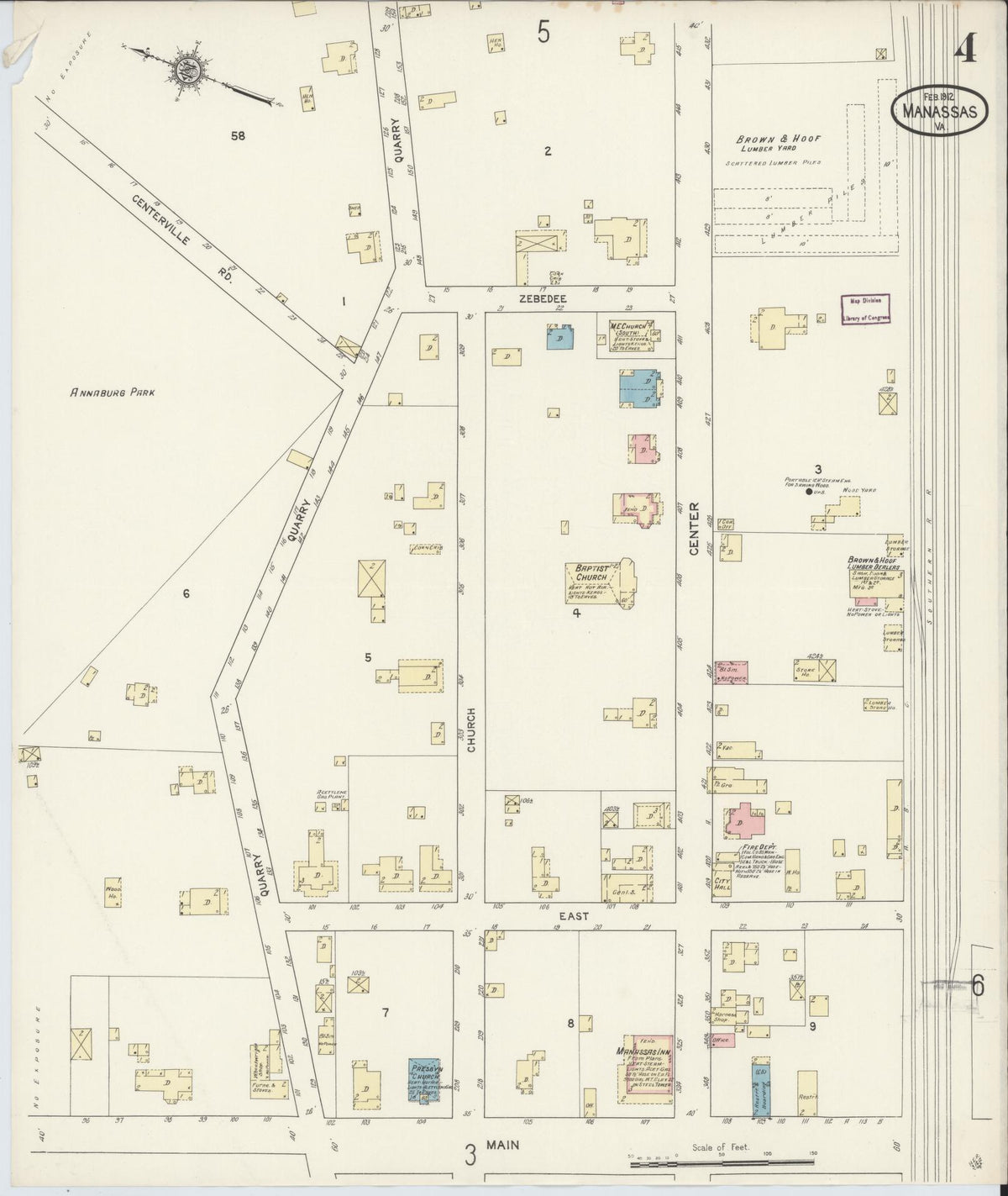 Sanborn Fire Insurance Map from Manassas, Independent Cities, Virginia (1912), Sheet #0004 - Historic Sanborn Fire Insurance Map Print, vintage old map wall art, antique decor, genealogy gift, Virginia Virginia map