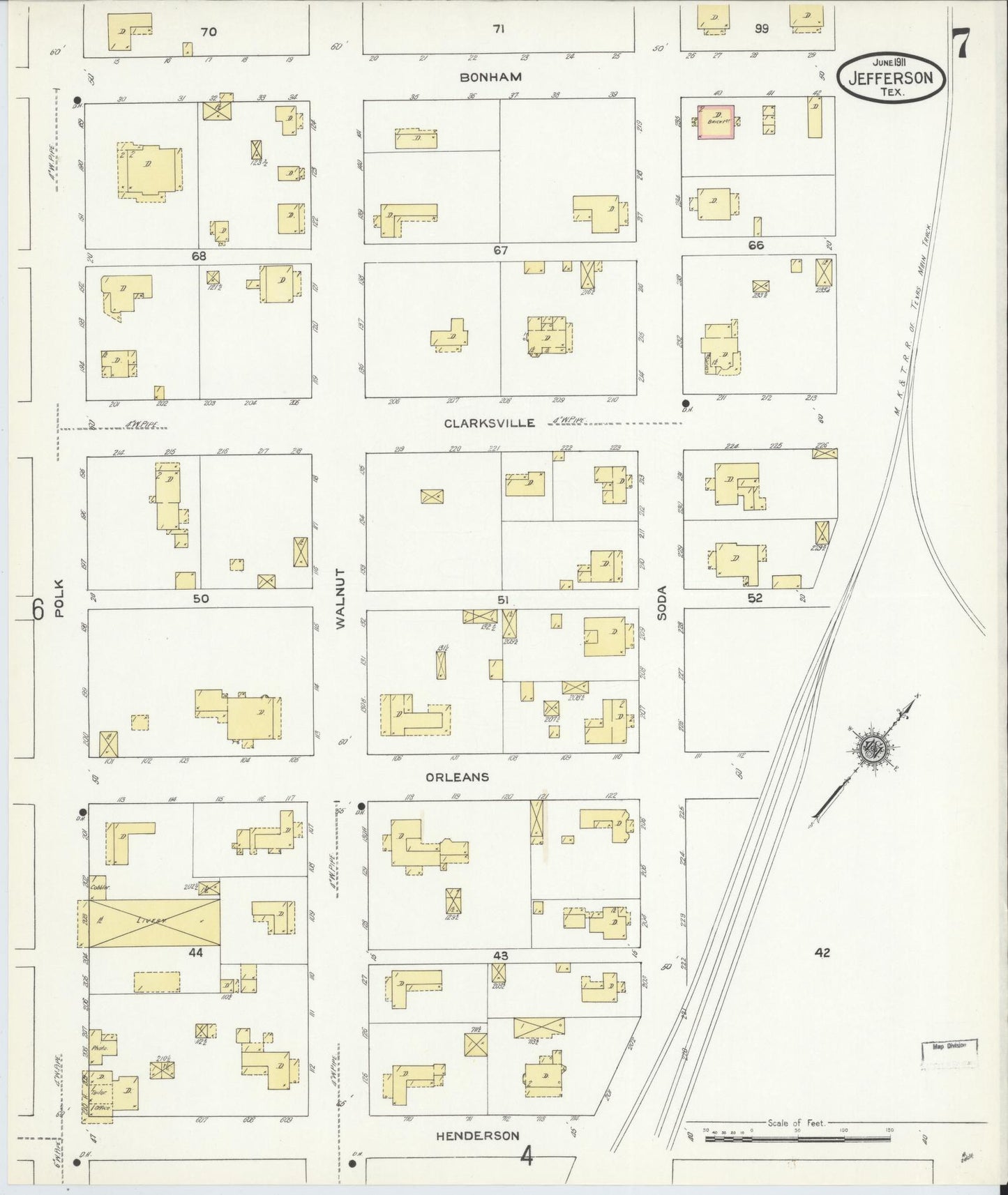 Sanborn Fire Insurance Map from Jefferson, Marion County, Texas (1911), Sheet #0007 - Historic Sanborn Fire Insurance Map Print, vintage old map wall art, antique decor, genealogy gift, Texas Texas map