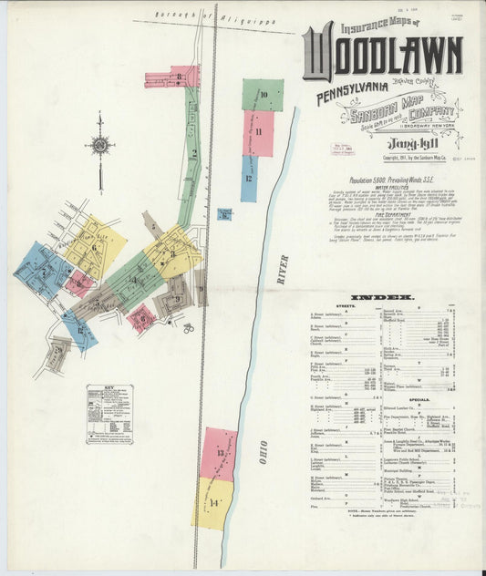 Sanborn Fire Insurance Map from Woodlawn, Beaver County, Pennsylvania (1911), Sheet #0001 - Historic Sanborn Fire Insurance Map Print, vintage old map wall art, antique decor, genealogy gift, Pennsylvania Pennsylvania map