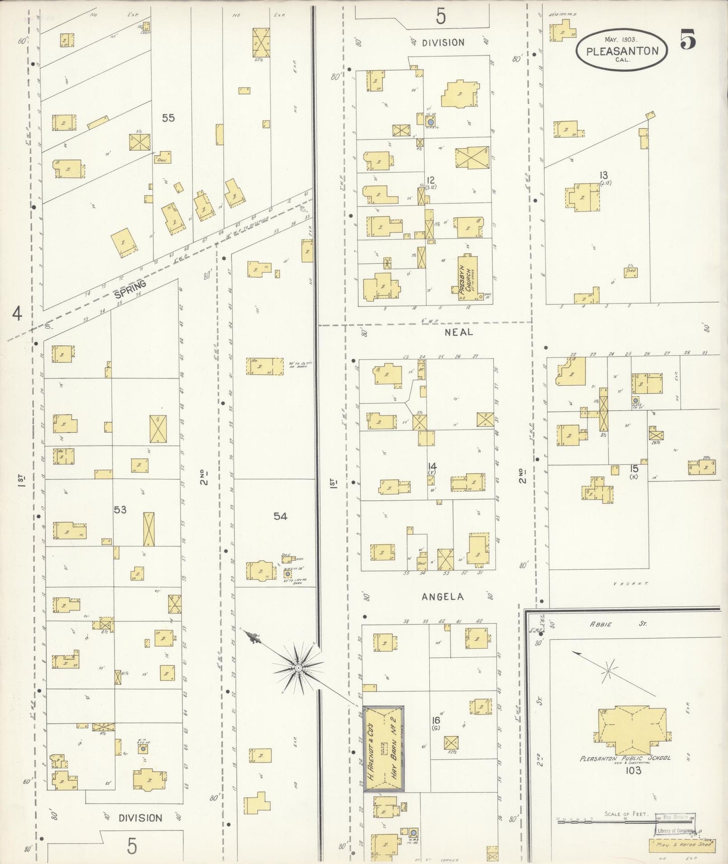 Sanborn Fire Insurance Map from Pleasanton, Alameda County, California (1903), Sheet #0005 - Complete Map Set gallery image, historic Sanborn map, vintage wall art, California California