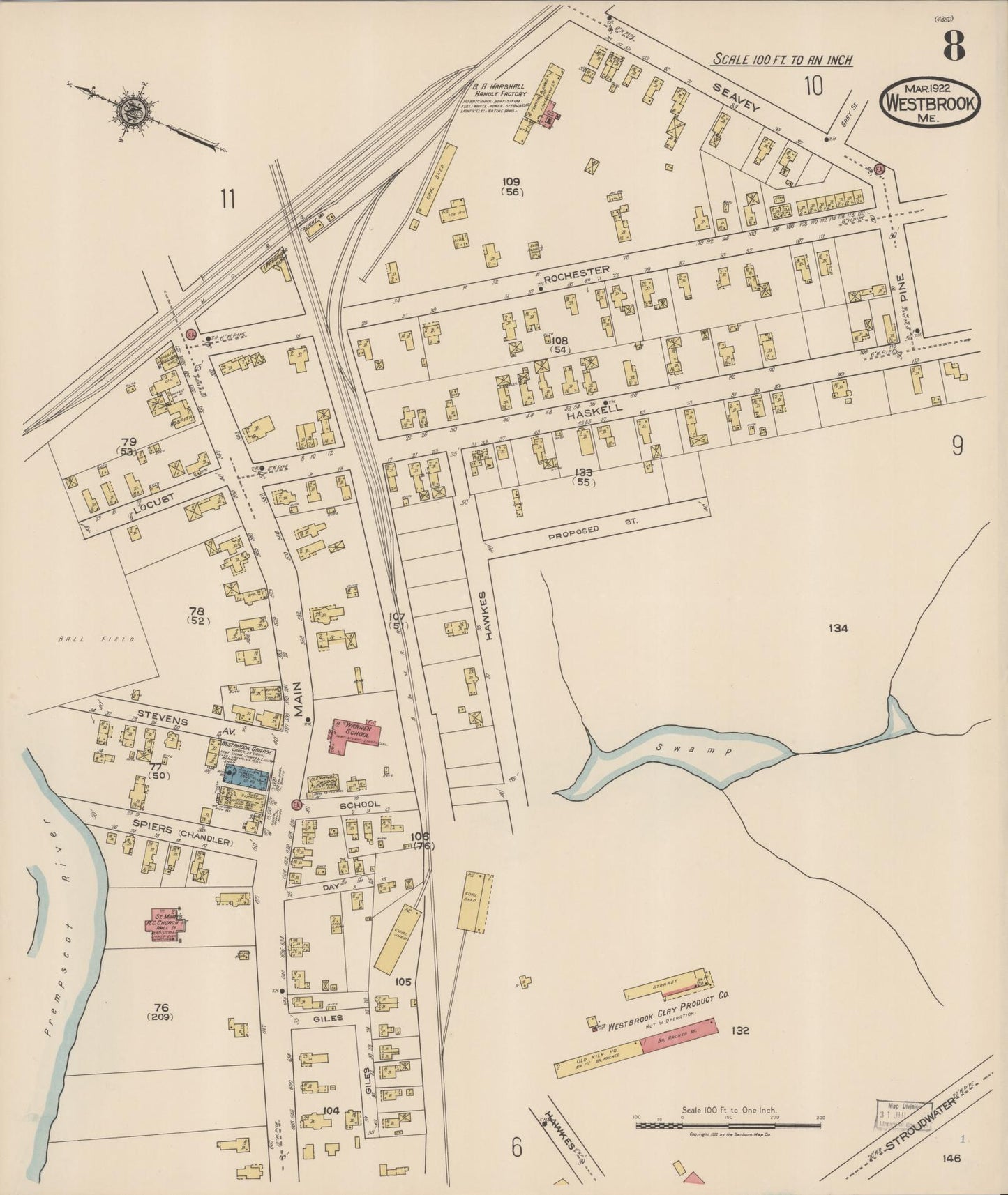 Sanborn Fire Insurance Map from Westbrook, Cumberland County, Maine (1922), Sheet #0008 - Complete Map Set gallery image, historic Sanborn map, vintage wall art, Maine Maine