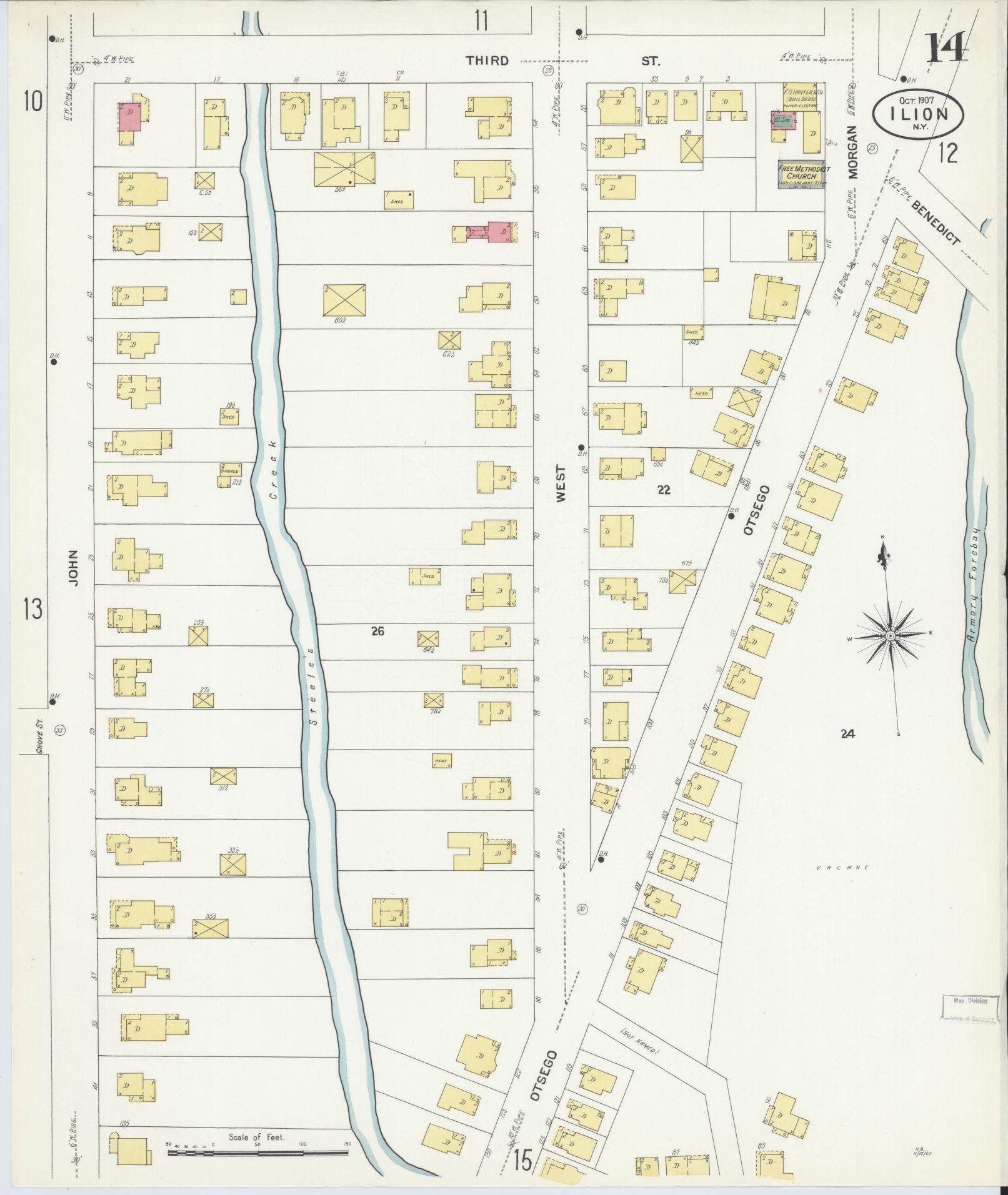 Sanborn Fire Insurance Map from Ilion, Herkimer County, New York (1907), Sheet #0014 - Historic Sanborn Fire Insurance Map Print, vintage old map wall art, antique decor, genealogy gift, New York New York map