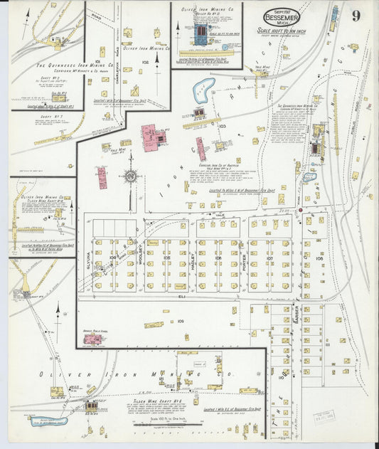 Sanborn Fire Insurance Map from Bessemer, Gogebic County, Michigan (1917), Sheet #0009 - Historic Sanborn Fire Insurance Map Print, vintage old map wall art, antique decor, genealogy gift, Michigan Michigan map