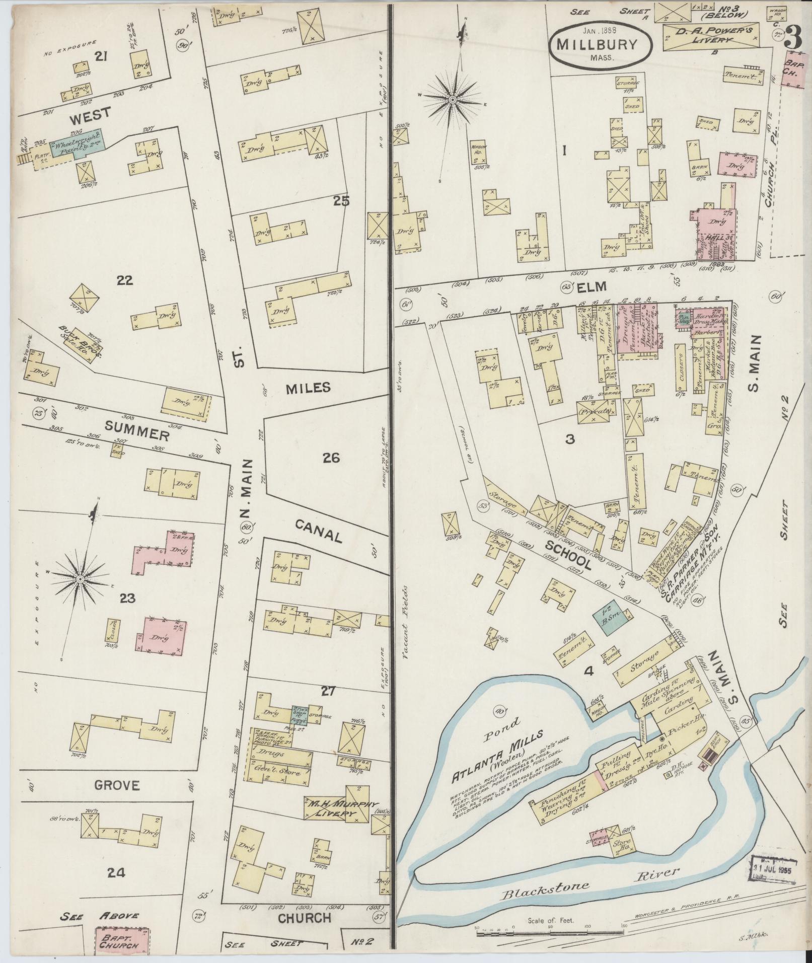 Sanborn Fire Insurance Map from Millbury, Worcester County, Massachusetts (1888), Sheet #0003 - Complete Map Set gallery image, historic Sanborn map, vintage wall art, Massachusetts Massachusetts