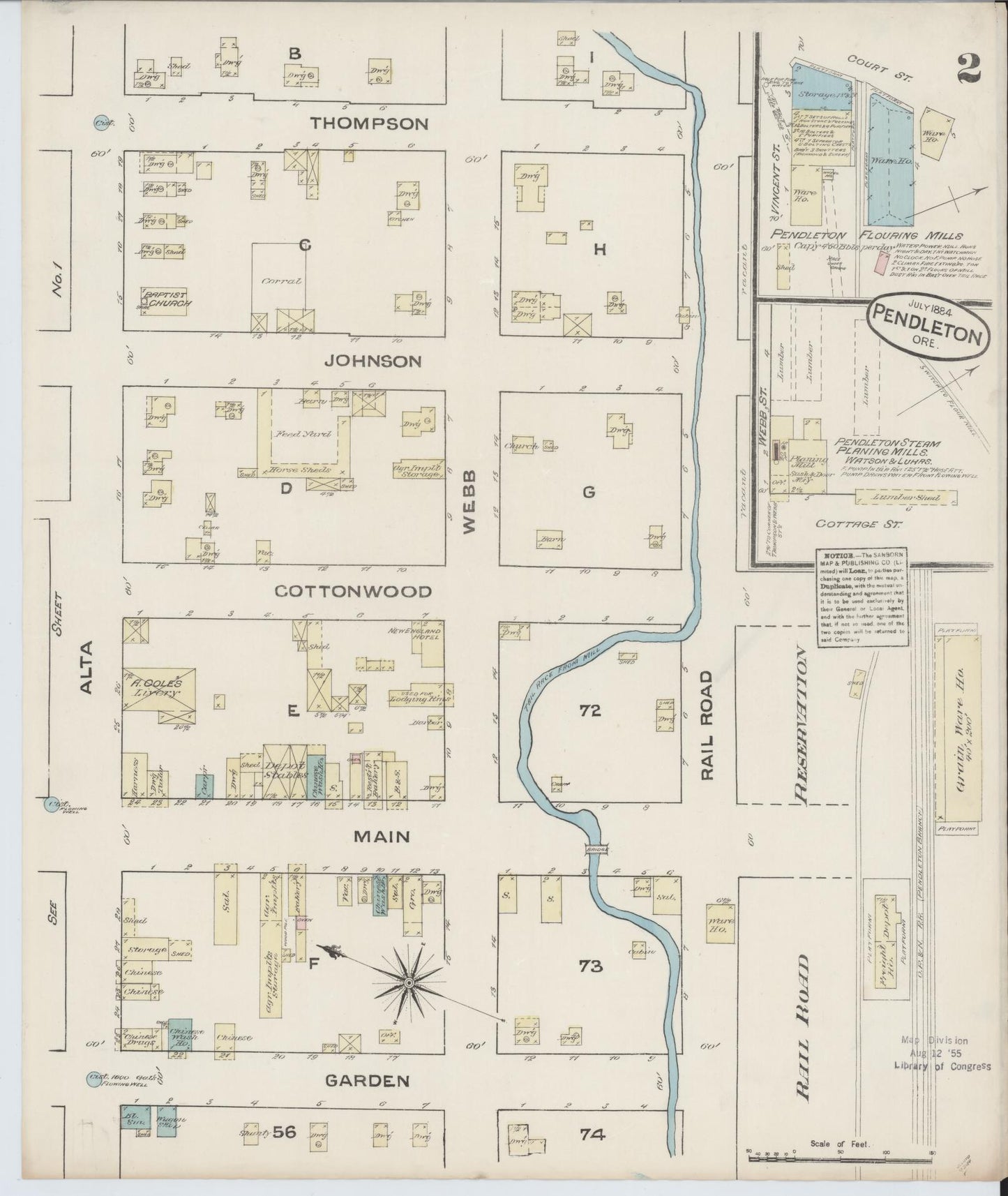 Sanborn Fire Insurance Map from Pendleton, Umatilla County, Oregon (1884), Sheet #0002 - Historic Sanborn Fire Insurance Map Print, vintage old map wall art, antique decor, genealogy gift, Oregon Oregon map